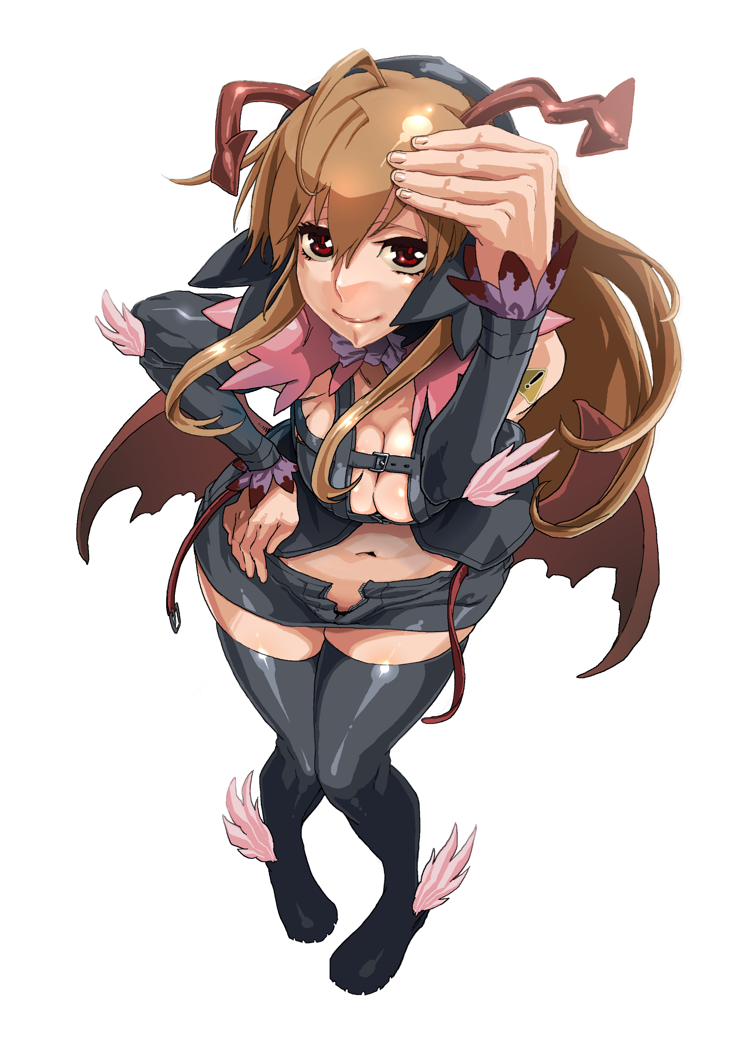 zunta, original, absurdres, highres, 1girl, ahoge, bat wings, boots, breasts, brown hair, cleavage, female focus, headband, large breasts, long hair, short shorts, shorts, solo, thigh boots, thighhighs, wings