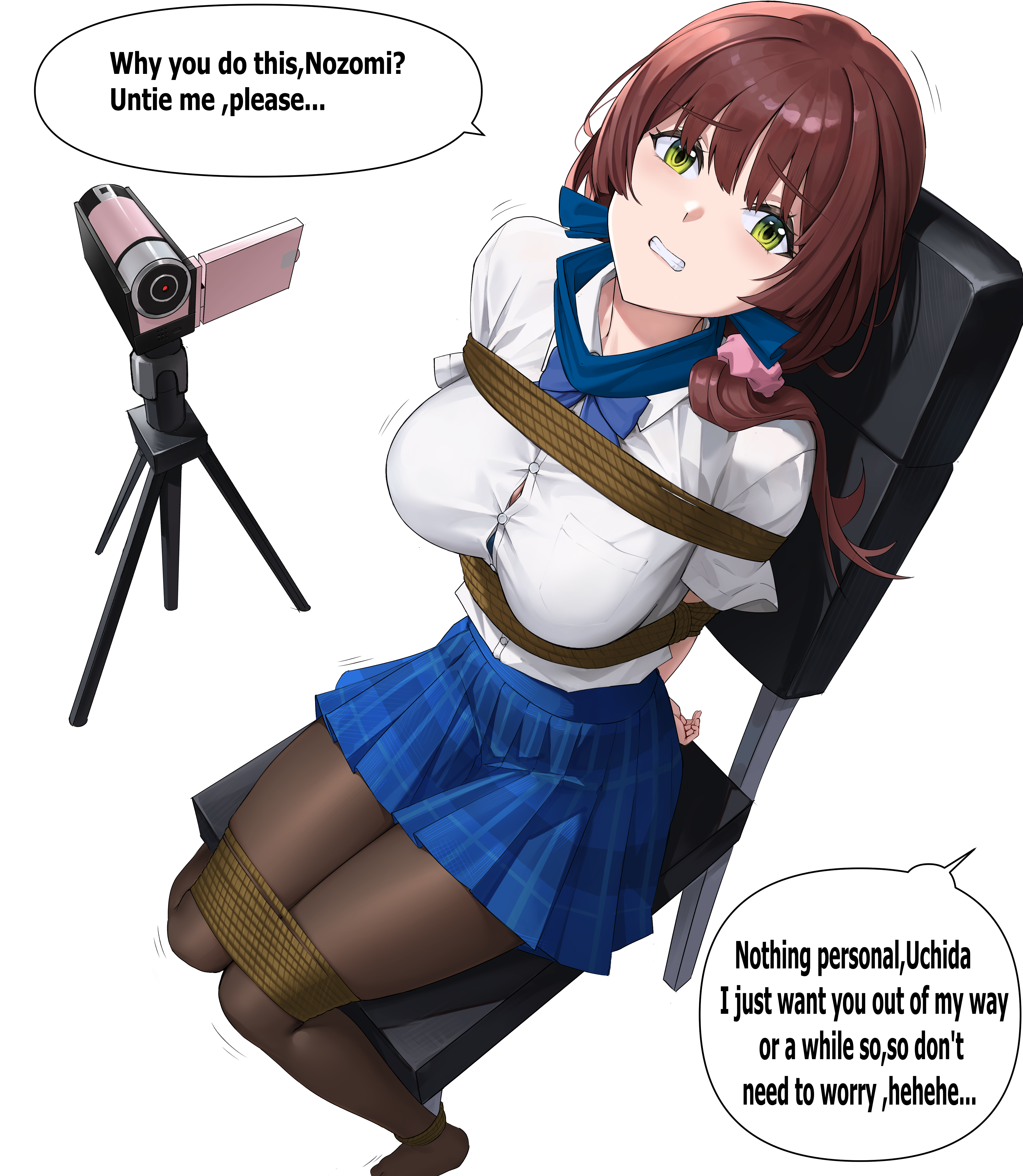 iqbqlz, uchida yua, chitose-kun wa ramune bin no naka, absurdres, commission, highres, 1girl, black pantyhose, blue skirt, bound, breasts, brown hair, chair, clenched teeth, english text, green eyes, looking at viewer, pantyhose, restrained, shirt, simple background, sitting, skirt, speech bubble, teeth, tied to chair, white background, white shirt