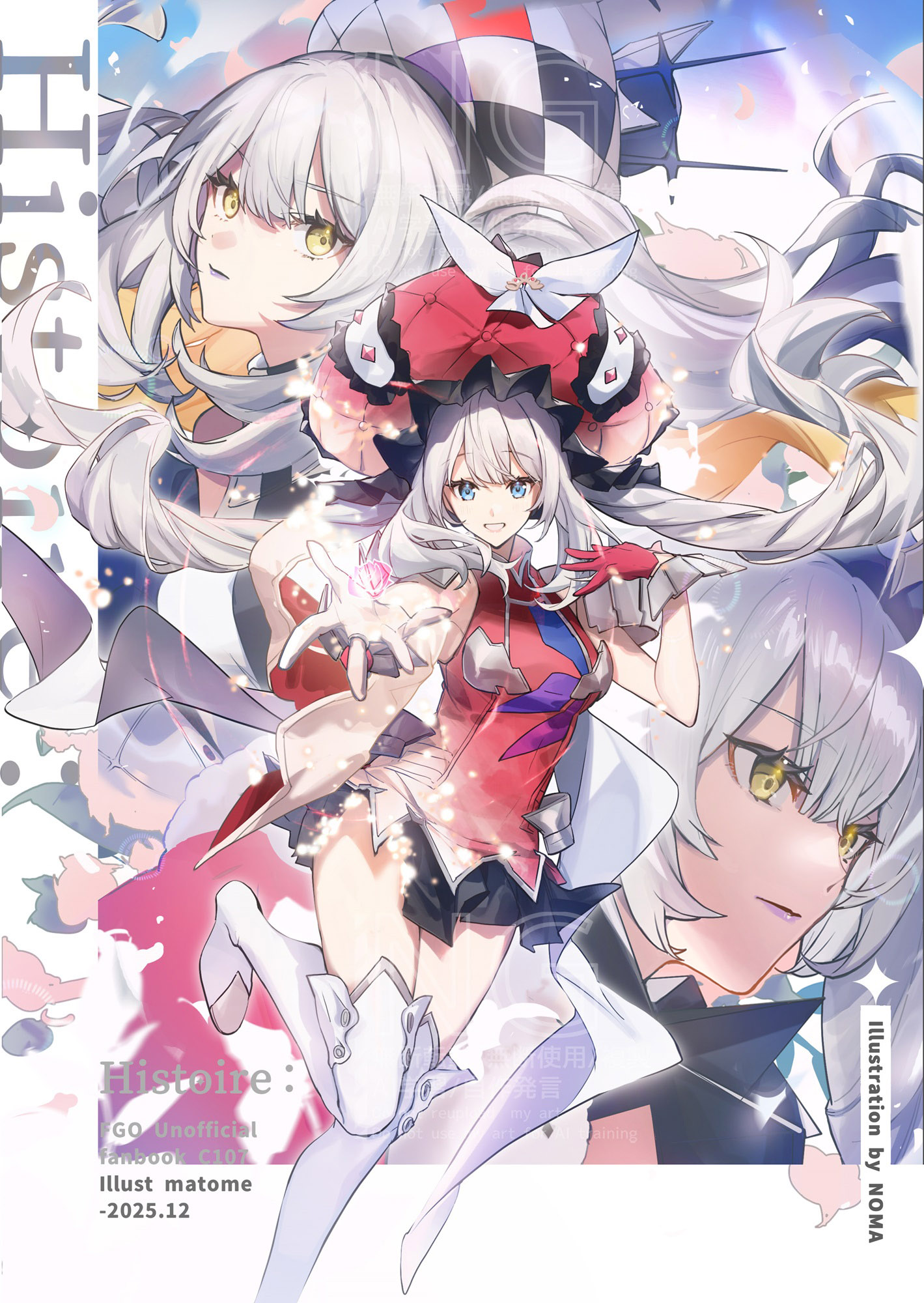 no-kan, marie antoinette (fate), marie antoinette alter (fate), marie antoinette alter (first ascension) (fate), marie antoinette alter (third ascension) (fate), fate/grand order, fate (series), highres, 3girls, bare shoulders, black dress, blue eyes, blush, boots, breasts, detached collar, dress, gloves, gradient hair, grey hair, grin, hair ornament, hat, jacket, large breasts, large hat, long hair, long sleeves, looking at viewer, medium breasts, multicolored hair, multiple girls, multiple persona, off shoulder, open clothes, open jacket, outstretched arm, red dress, red gloves, red hat, short dress, side ponytail, sidelocks, sleeveless, sleeveless dress, smile, thigh boots, twintails, two side up, very long hair, white boots, white dress, white hair, white hat, white jacket, yellow eyes