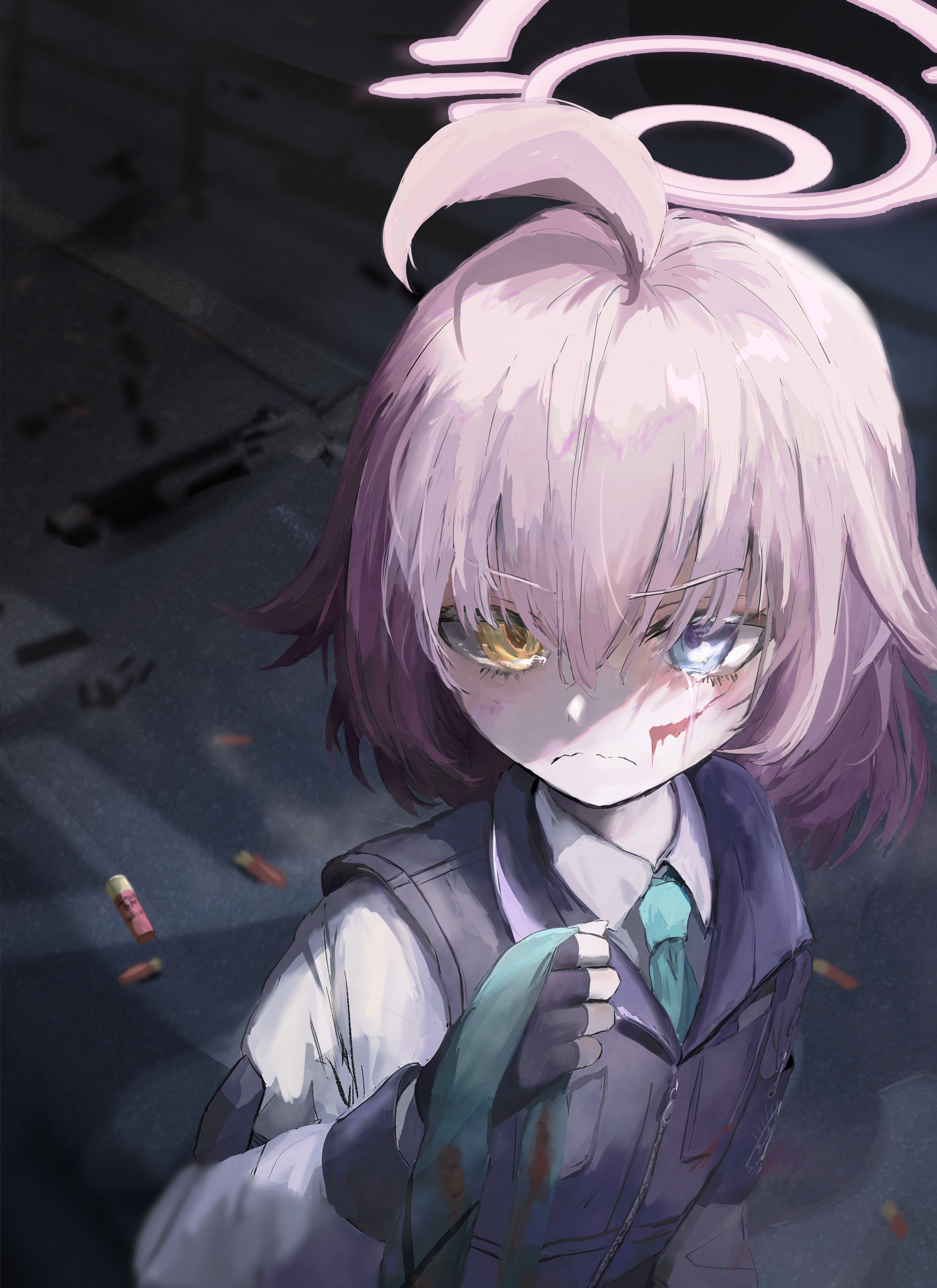hoshino (blue archive), hoshino (first year) (blue archive), blue archive, absurdres, highres, 1girl, :c, ahoge, ammunition, aqua necktie, beretta 1301, blood, blood on face, blue eyes, blue necktie, bulletproof vest, dirty, dirty clothes, dirty face, fence, flat chest, gloves, gun, hair between eyes, halo, heterochromia, hira15623, holding, holding unworn clothes, holding unworn scarf, long sleeves, looking at viewer, necktie, pink hair, pink halo, road, scarf, school uniform, serious, shirt, short hair, shotgun, shotgun shell, solo, solo focus, tactical school uniform, unworn scarf, utility vest, vest, weapon, white shirt, yellow eyes