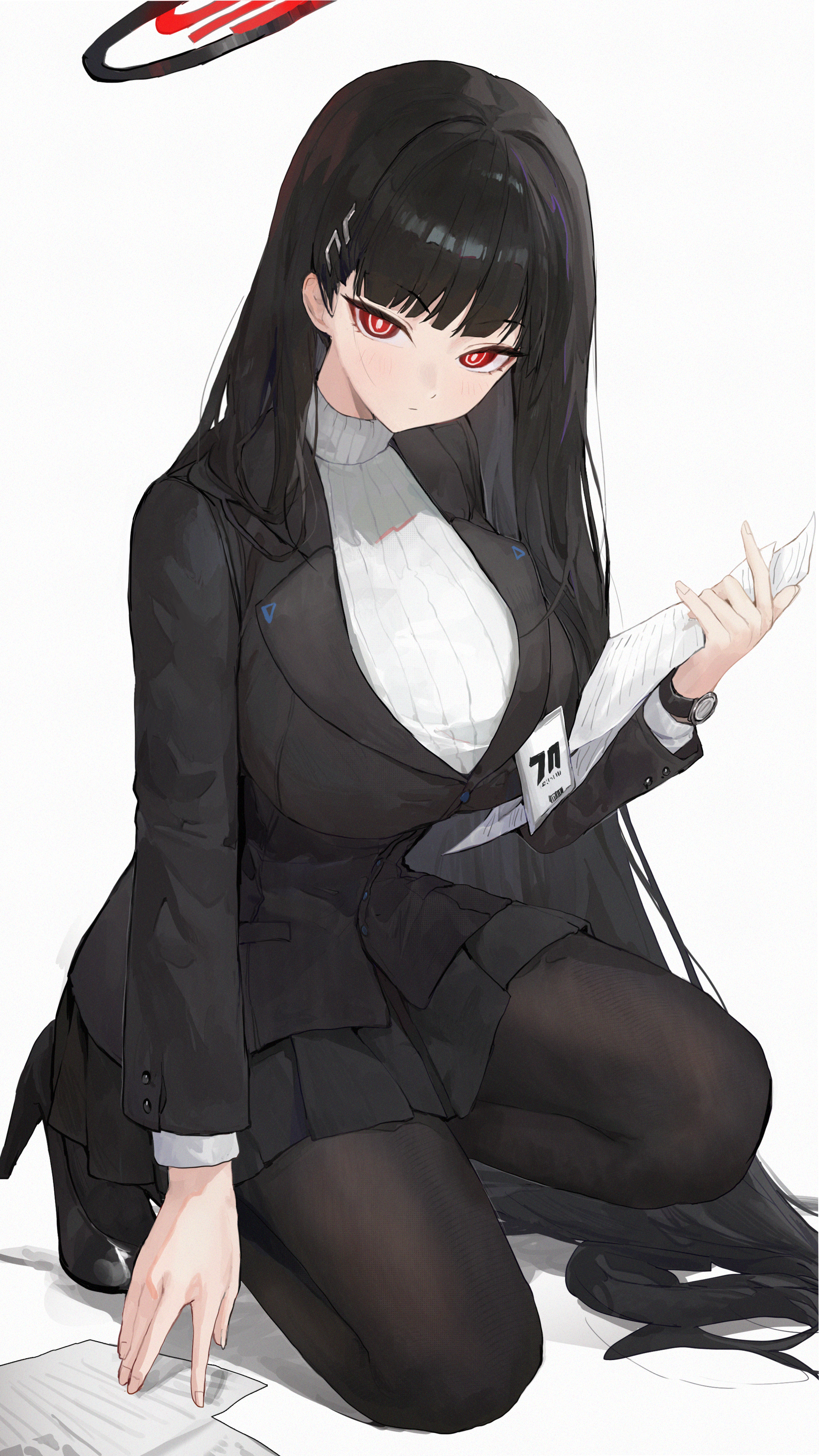 jianjia, rio (blue archive), blue archive, absurdres, highres, 1girl, black halo, black jacket, black pantyhose, black skirt, breasts, bright pupils, halo, high heels, holding, holding paper, id card, jacket, large breasts, looking at viewer, pantyhose, paper, pleated skirt, red eyes, simple background, skirt, solo, squatting, sweater, turtleneck, turtleneck sweater, white background, white sweater