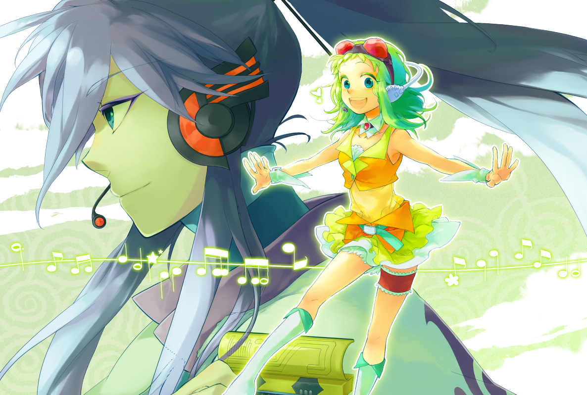 nyoroge, gumi, kamui gakupo, vocaloid, 1boy, 1girl, belt, blue eyes, boots, goggles, goggles on head, green eyes, green hair, headphones, headset, long hair, midriff, ponytail, purple hair, red-tinted eyewear, short hair, skirt, smile, tinted eyewear, wrist cuffs