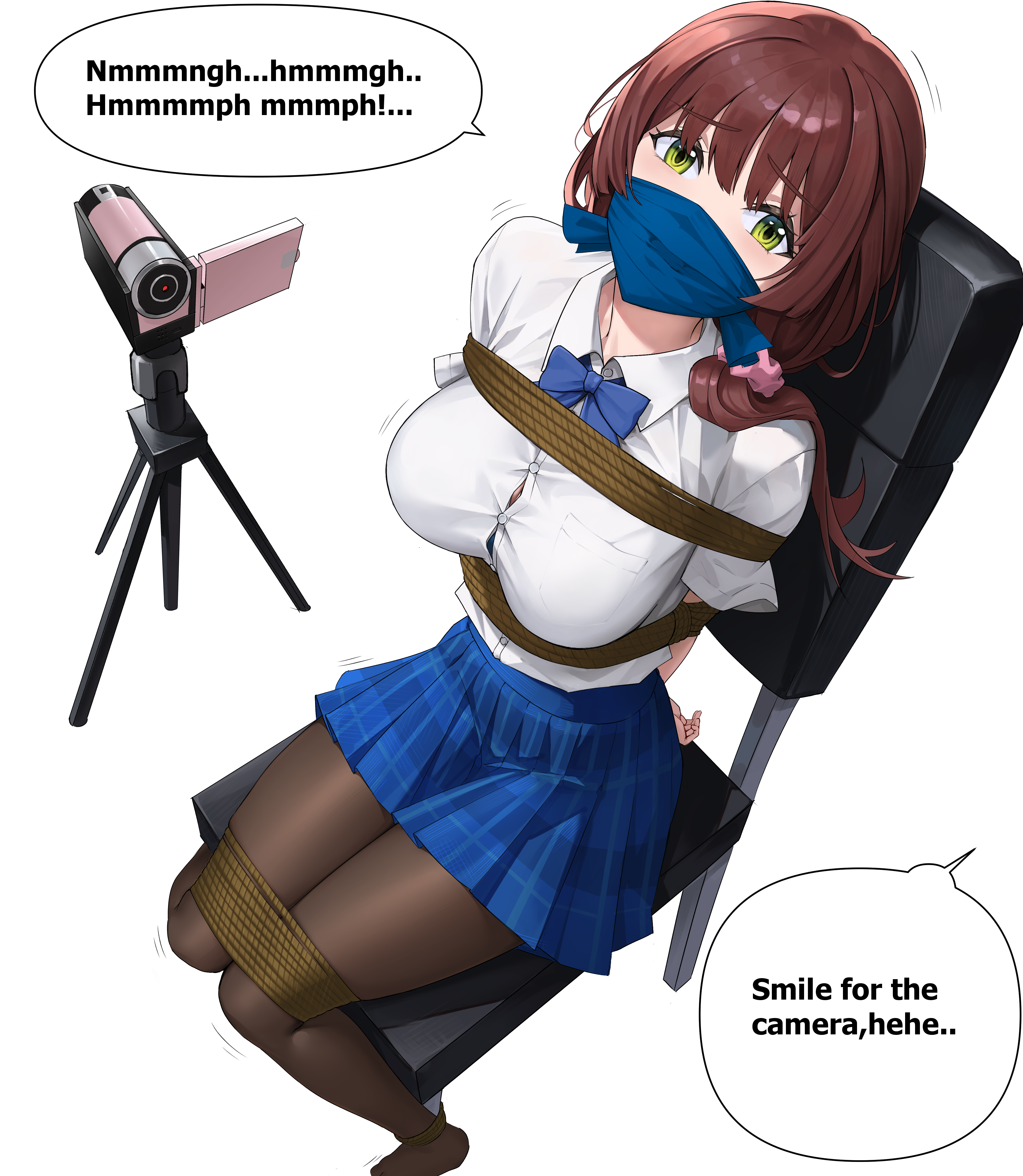 iqbqlz, uchida yua, chitose-kun wa ramune bin no naka, absurdres, commission, highres, 1girl, bdsm, black pantyhose, blue skirt, bound, breasts, brown hair, chair, cloth gag, english text, gag, gagged, green eyes, improvised gag, kidnapped, looking at viewer, over the nose gag, pantyhose, restrained, shirt, simple background, sitting, skirt, speech bubble, tied to chair, white background, white shirt