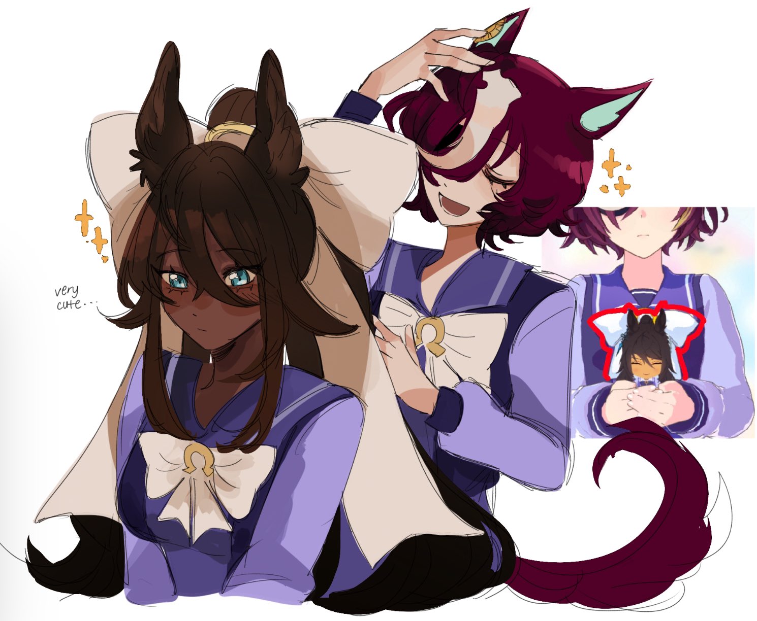 symboli kris s (umamusume), tanino gimlet (umamusume), umamusume, highres, 2girls, :/, animal ears, behind another, blush, bow, bowtie, brown hair, closed eyes, closed mouth, dark-skinned female, dark skin, english text, eyepatch, facing another, game screenshot inset, hair between eyes, hair bow, head tilt, high ponytail, horse ears, horse girl, horse tail, huge bow, long hair, long sleeves, multicolored hair, multiple girls, numa (solitudesedge), one eye covered, open mouth, ponytail, red hair, school uniform, shirt, short hair, sparkle, tail, tracen school uniform, two-tone hair, upper body, very dark skin, white bow, white hair