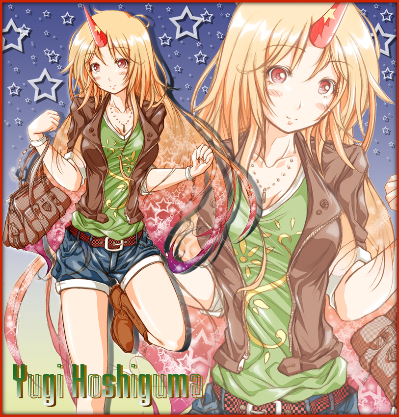 kemu inu, hoshiguma yuugi, touhou, 1girl, alternate costume, bag, blonde hair, contemporary, female focus, handbag, horns, long hair, red eyes, single horn, sleeves rolled up