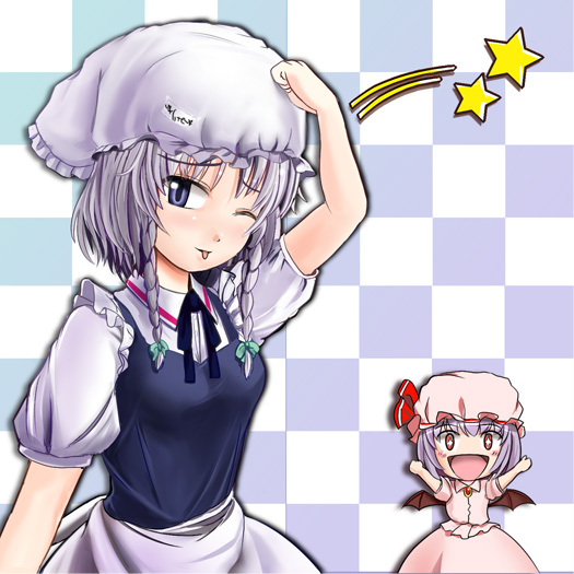 aw, izayoi sakuya, remilia scarlet, touhou, silver hair, bad id, bad pixiv id, + +, 2girls, :d, :p, arm up, arms up, bat wings, bloomers, bloomers on head, blue eyes, braid, checkered background, chibi, dojikko pose, female focus, hat, multiple girls, object on head, one eye closed, open mouth, purple hair, red eyes, short hair, smile, tongue, tongue out, twin braids, underwear, wings, wink