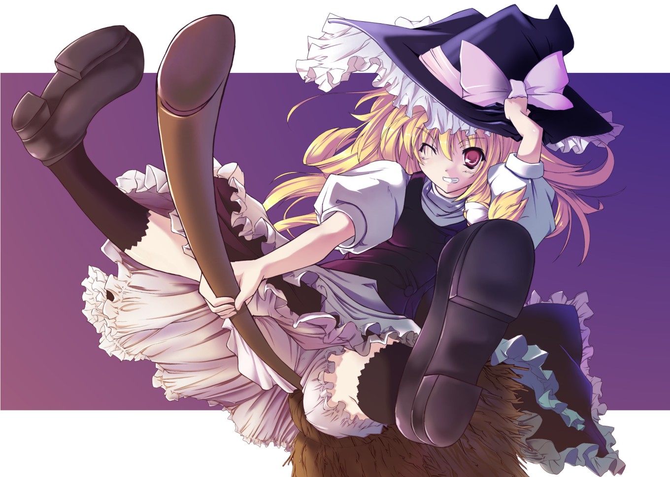 sukuna (artist), kirisame marisa, touhou, 1girl, black socks, blonde hair, bloomers, braid, broom, broom riding, female focus, foreshortening, grin, hand on headwear, hat, one eye closed, red eyes, short hair, smile, socks, solo, spread legs, underwear, wink, witch, witch hat