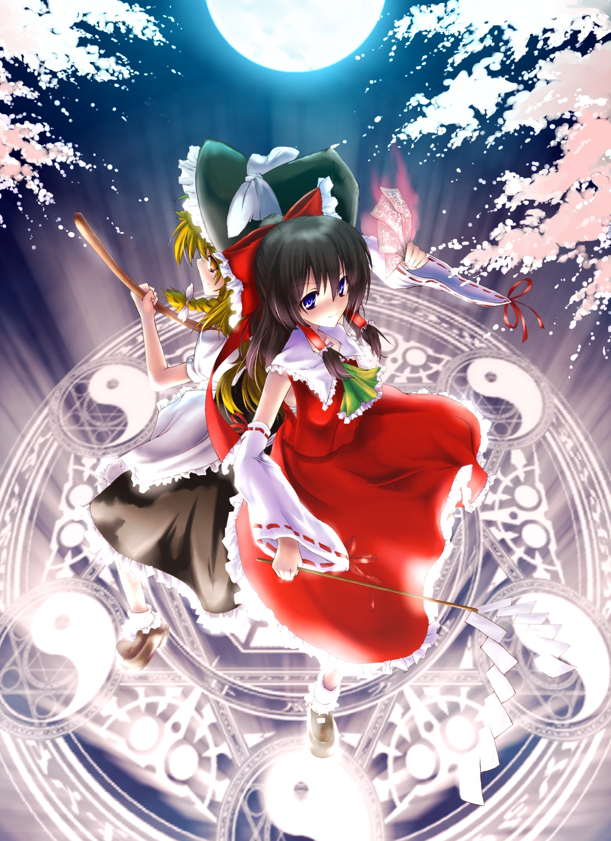 sukuna (artist), hakurei reimu, kirisame marisa, touhou, highres, 2girls, blonde hair, blue eyes, bow, braid, broom, brown hair, detached sleeves, female focus, gohei, hat, japanese clothes, magic circle, miko, moon, multiple girls, ofuda, short hair, witch, witch hat, yellow eyes