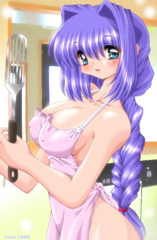 yama, yama (shinanoya), minase akiko, kanon, 1girl, apron, breasts, cleavage, female focus, hair intakes, large breasts, naked apron, sideboob, solo