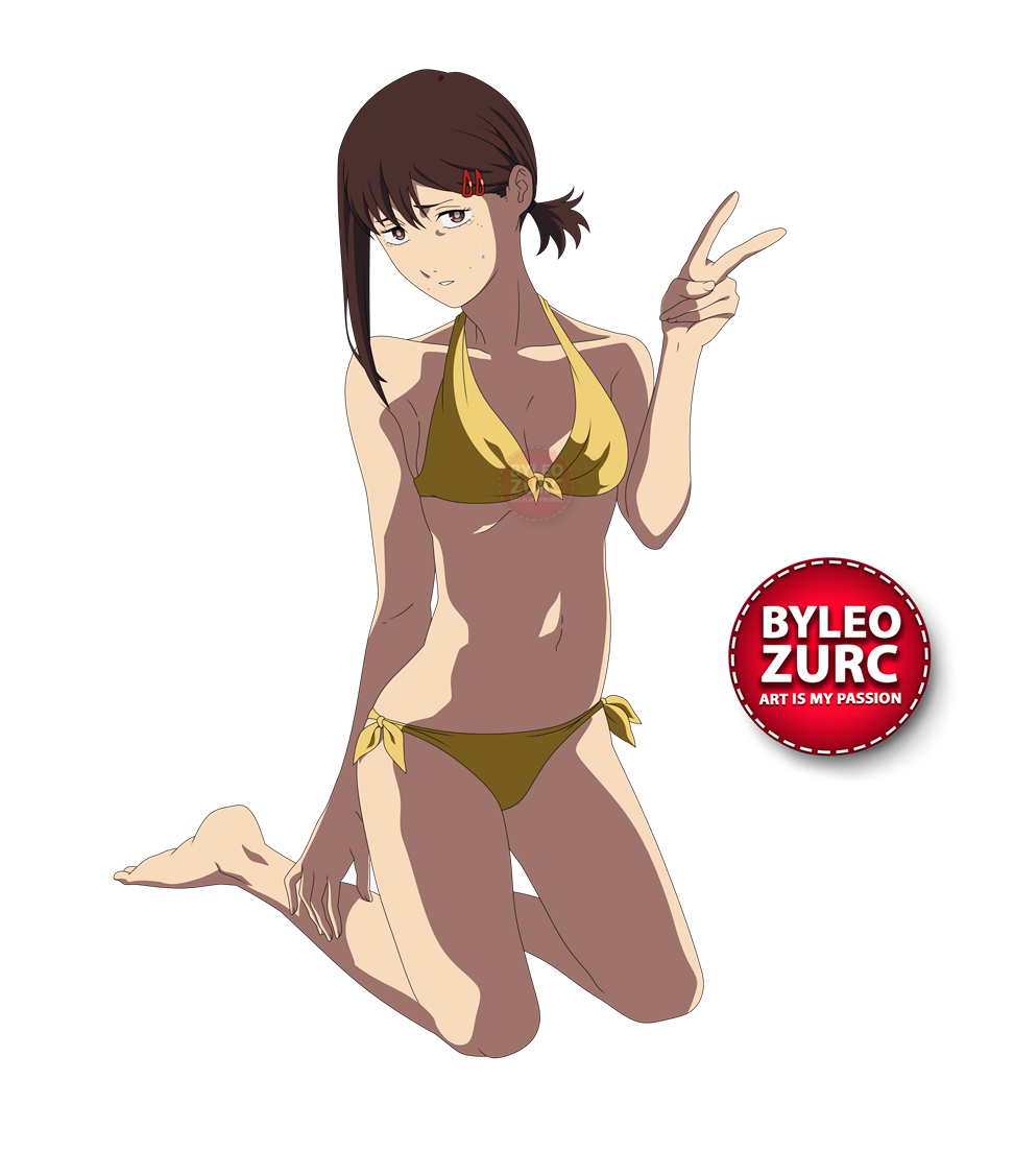 leozurcxxx, higashiyama kobeni, chainsaw man, 1girl, barefoot, bra, breasts, brown eyes, brown hair, panties, short hair, solo, swimsuit, transparent background, underwear, v