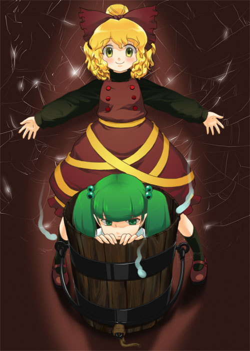 chagen kokimu, kisume, kurodani yamame, touhou, bad id, bad pixiv id, 2girls, blonde hair, bucket, female focus, green eyes, green hair, in bucket, in container, multiple girls, short hair, standing, twintails, yellow eyes