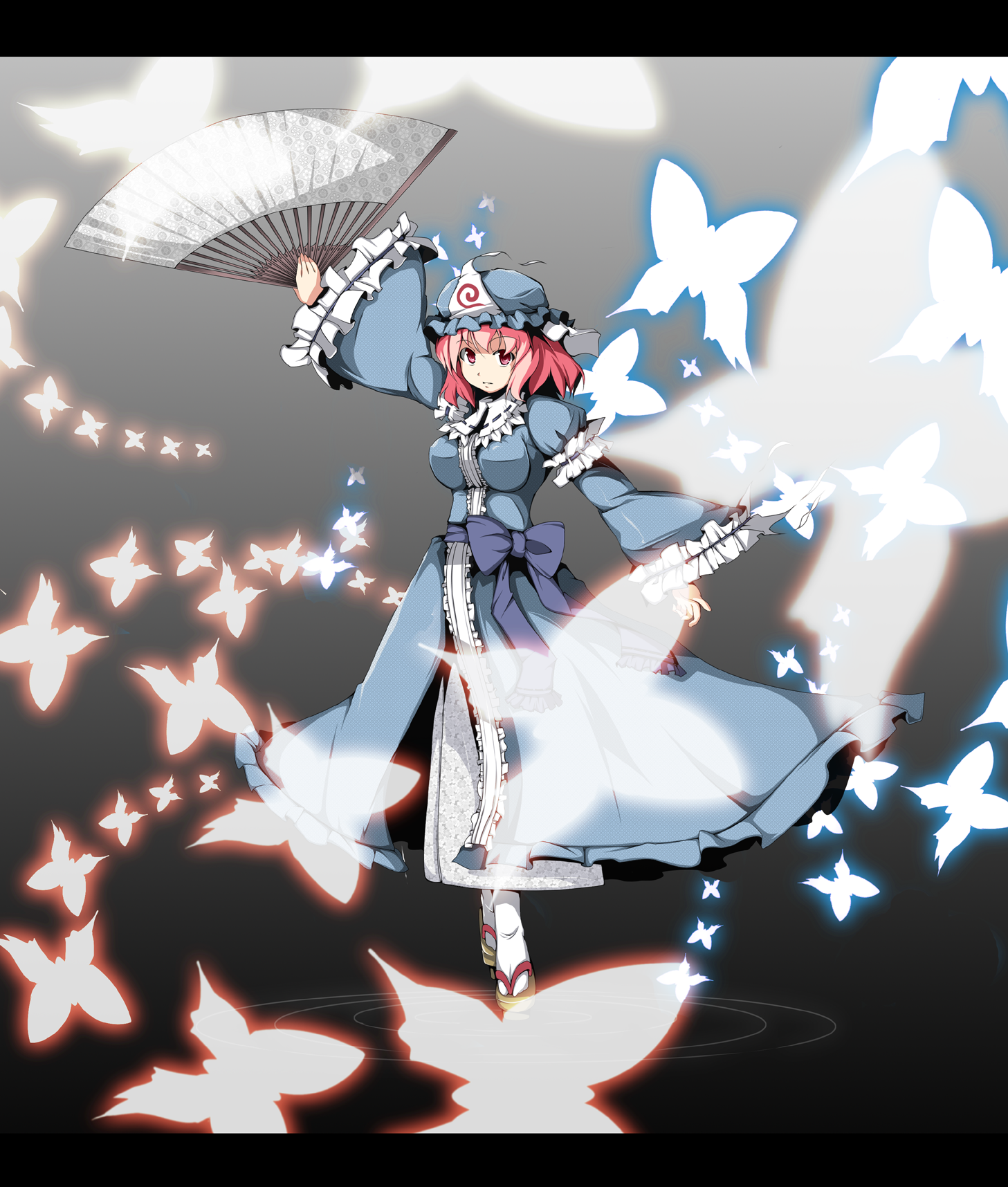 fujy, saigyouji yuyuko, touhou, highres, 1girl, breasts, bug, butterfly, danmaku, female focus, folding fan, geta, hand fan, hat, japanese clothes, large breasts, letterboxed, pink hair, red eyes, short hair, solo