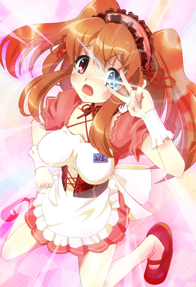 sumire (artist), urabi (tomatohouse), asahina mikuru, suzumiya haruhi no yuuutsu, 00s, 1girl, apron, blush, contact lens, female focus, heterochromia, kneeling, mikuru beam, solo, v