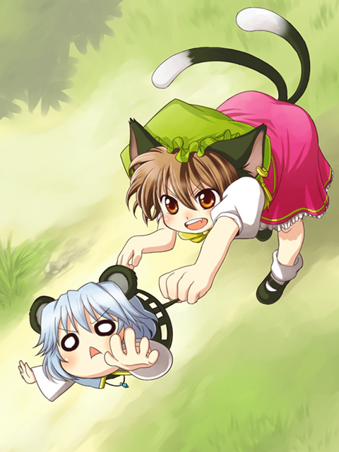 dirumaru tomo, chen, nazrin, touhou, 2girls, :<, animal ears, brown eyes, brown hair, cat ears, cat girl, cat tail, chibi, earrings, fang, female focus, from above, hat, jewelry, mouse ears, mouse tail, multiple girls, multiple tails, o o, pendant, running, tail
