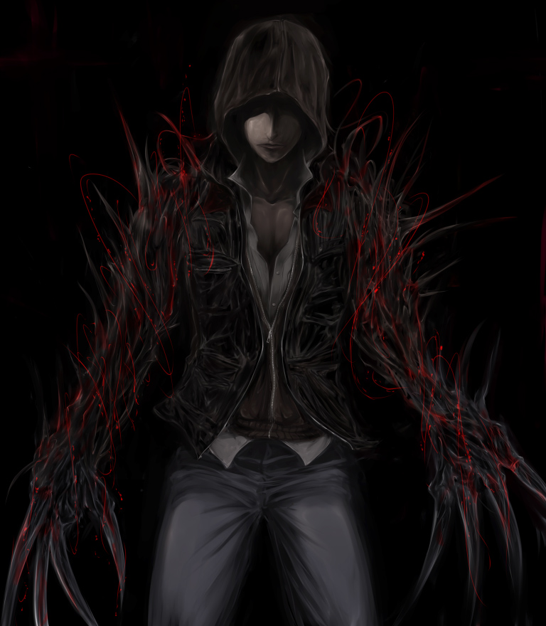 shimo (depthbomb), alex mercer, prototype (game), blue legwear, mutant, 1boy, black jacket, blacklight (prototype), claws, dark, denim, hidden eyes, hood, hoodie, jacket, jeans, male focus, pants, shapeshifter, shirt, solo, transformation, white shirt, zipper