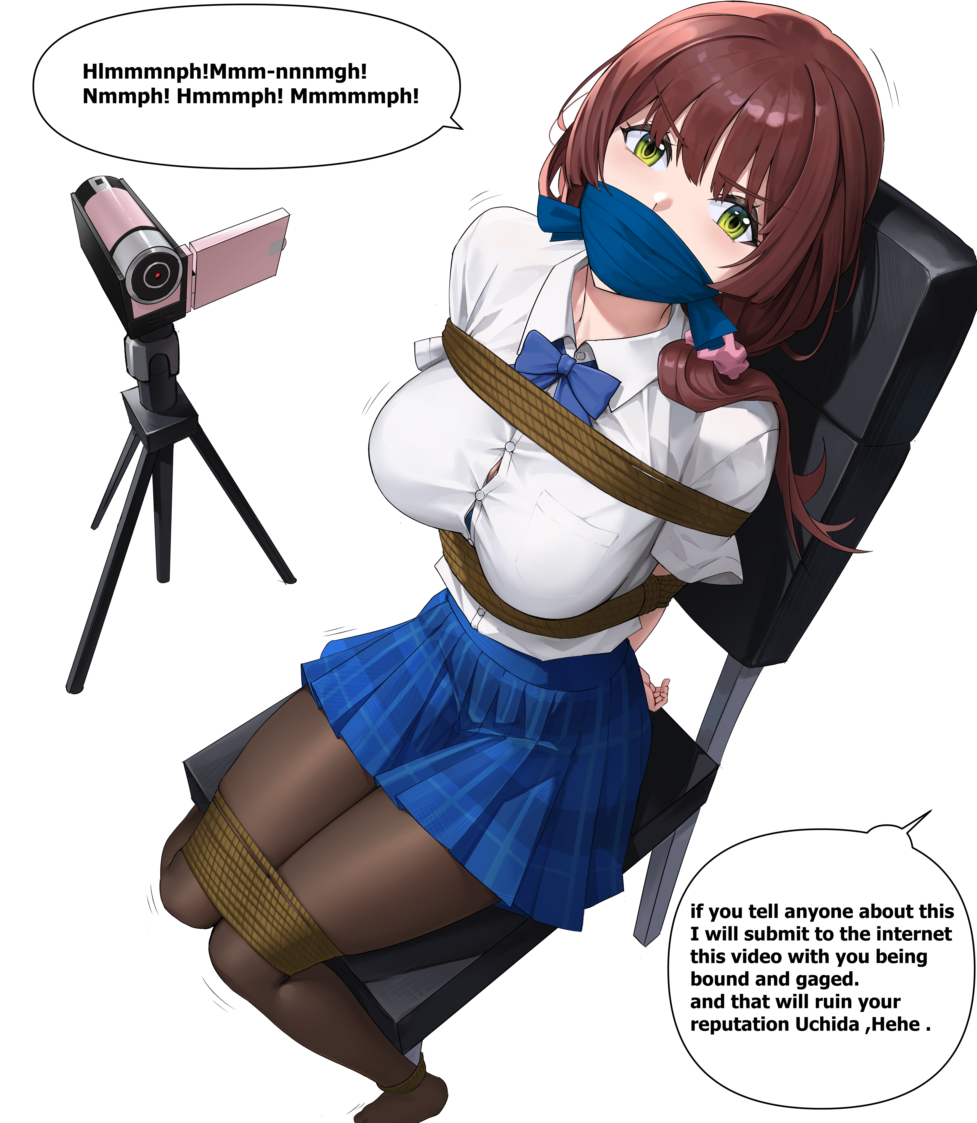 iqbqlz, uchida yua, chitose-kun wa ramune bin no naka, absurdres, commission, highres, 1girl, bdsm, black pantyhose, blue skirt, bound, breasts, brown hair, chair, cloth gag, english text, gag, gagged, glaring, green eyes, improvised gag, kidnapped, looking at viewer, over the mouse gag, pantyhose, restrained, shirt, simple background, sitting, skirt, speech bubble, tied to chair, white background, white shirt