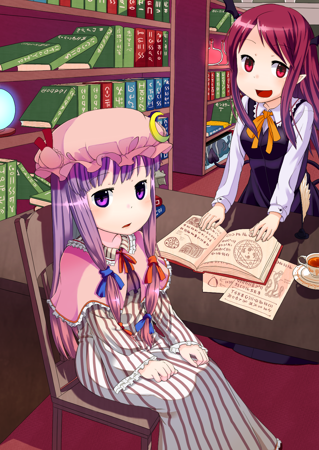 muku (muku-coffee), koakuma, patchouli knowledge, embodiment of scarlet devil, touhou, striped, highres, 2girls, bat wings, book, cup, demon tail, female focus, hat, head wings, hexagram, library, long hair, looking at viewer, magic circle, multiple girls, open book, open mouth, pointy ears, purple eyes, purple hair, red eyes, red hair, robe, runes, sitting, smile, tail, tea, teacup, voile, wings