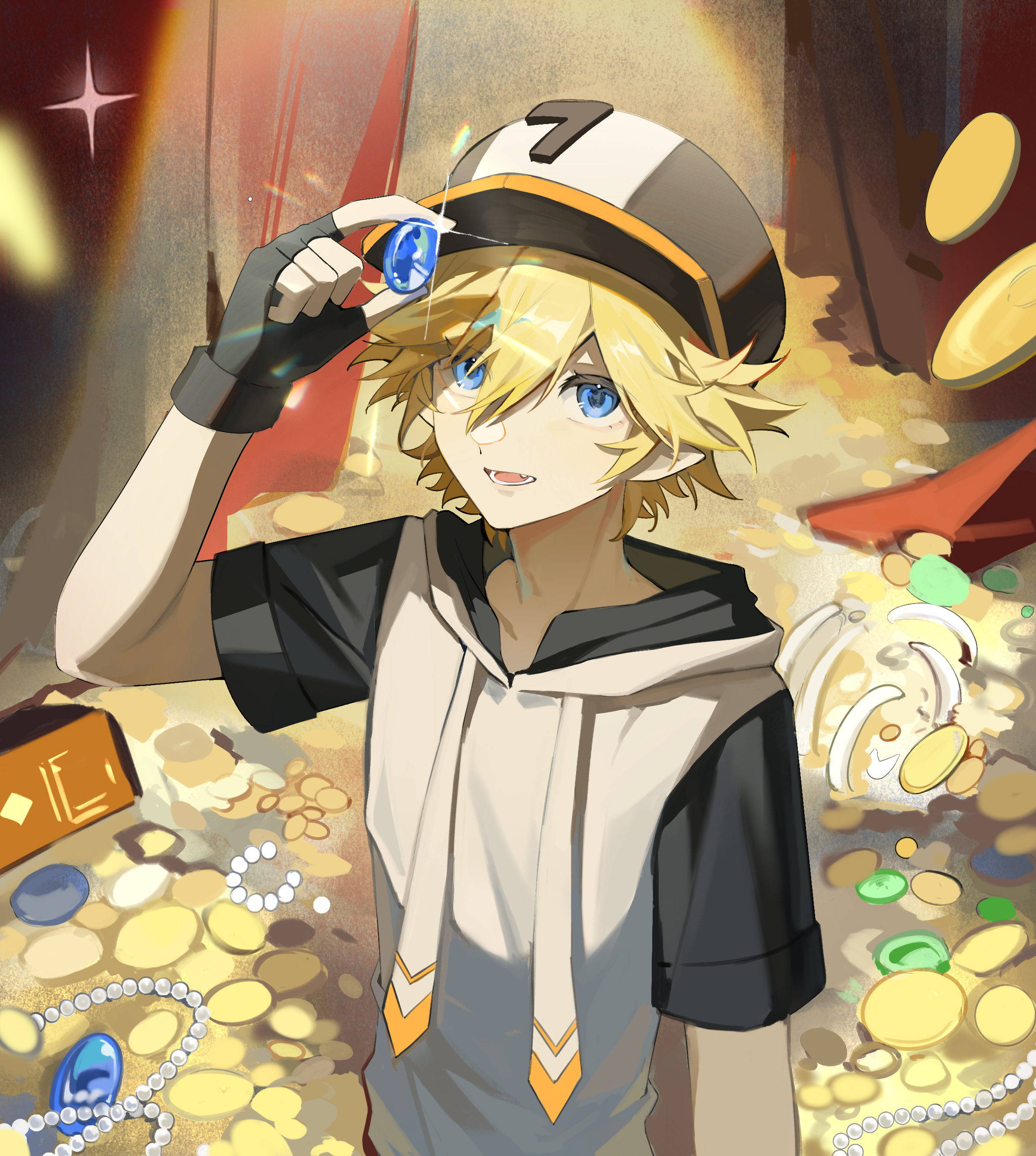 king (aotu world), aotu world, absurdres, artist request, chinese commentary, commission, highres, second-party source, 1boy, baseball cap, black gloves, black hat, blonde hair, blue eyes, blue gemstone, coin, curtains, drawstring, fang, fingerless gloves, gem, glint, gloves, gold, gold coin, green gemstone, hair between eyes, hand up, hat, holding, holding gem, hood, hoodie, jewelry, looking at viewer, male focus, multicolored hat, multicolored hoodie, open mouth, pearl (gemstone), pointy ears, short hair, short sleeves, smile, solo, sparkle, treasure chest, upper body, white hoodie