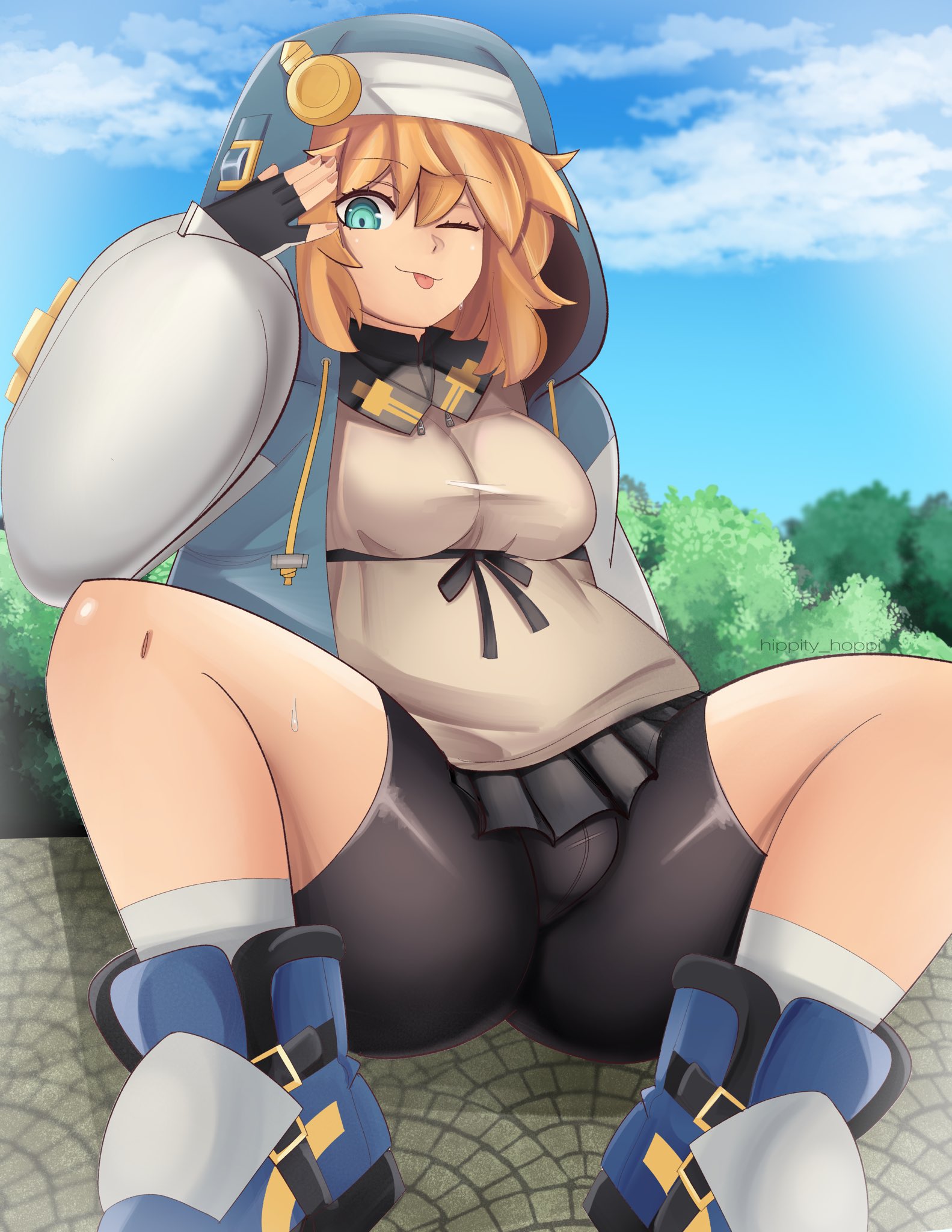 bridget (guilty gear), guilty gear, guilty gear strive, bike shorts, breasts, bulge, dress, fingerless gloves, gloves, hippity hoppi, hood, hoodie, shoes, sitting