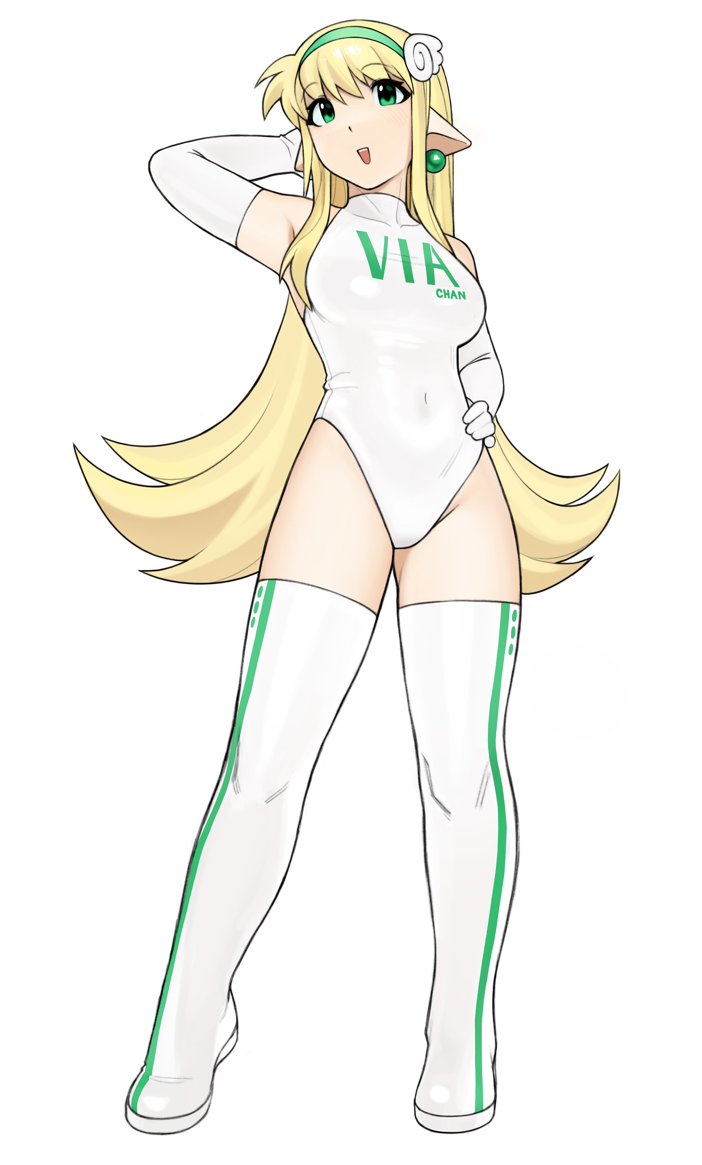 yirtios, original, absurdres, commission, highres, 1girl, arm behind head, arm up, armpits, blonde hair, boots, breasts, covered navel, earrings, elbow gloves, flipped hair, full body, gem, gloves, green eyes, green gemstone, green hairband, hair ornament, hairband, hand on own hip, jewelry, leotard, long hair, looking at viewer, open mouth, pointy ears, print leotard, simple background, smile, solo, sphere earrings, standing, teeth, thigh boots, upper teeth only, very long hair, white background, white boots, white gloves, white leotard, wing hair ornament