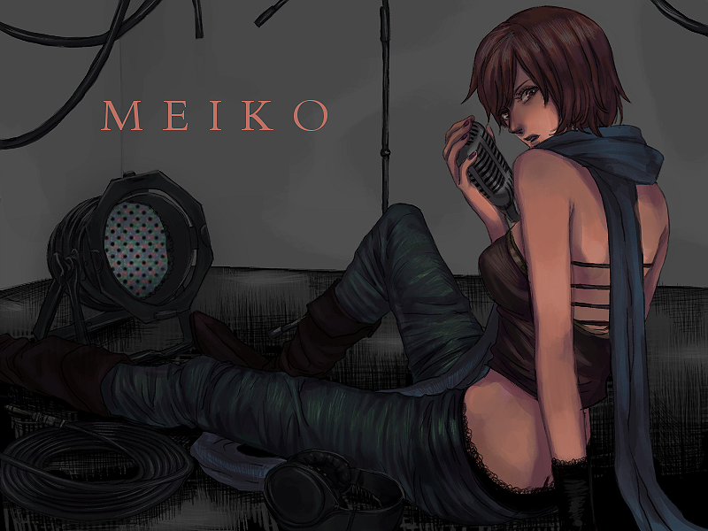 ataru, ataru (pinpon), meiko (vocaloid), vocaloid, 1girl, boots, brown eyes, brown hair, female focus, headphones, indoors, looking back, microphone, midriff, pants, scarf, short hair, solo, vintage microphone