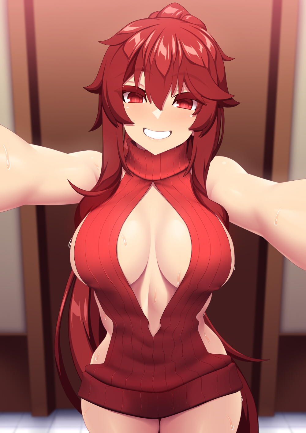 fi-san, elesis (elsword), elsword, highres, 1girl, breasts, door, looking at viewer, outstretched arms, ponytail, red eyes, red hair, sideboob, smile, solo, standing, straight-on, sweat, sweater, turtleneck, turtleneck sweater, virgin killer sweater
