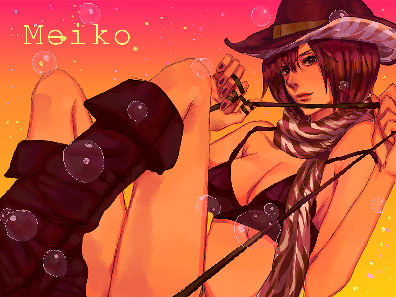 ataru, ataru (pinpon), meiko (vocaloid), vocaloid, 1girl, bikini, bikini top only, black bikini, boots, bra, breasts, brown eyes, brown hair, cleavage, cowboy hat, cowboy western, female focus, hat, scarf, short hair, smile, solo, swimsuit, underwear, whip