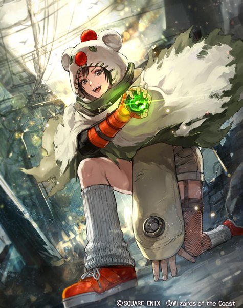 nijihayashi, moogle, final fantasy, final fantasy vii, final fantasy vii remake, magic: the gathering, square enix, official art, animal hood, ball, black hair, capelet, cosplay, fingerless gloves, gloves, grey shorts, holding, holding ball, hood, hooded capelet, loose socks, materia, moogle (cosplay), on one knee, open mouth, orange gloves, orange shoes, shoes, short hair, shorts, single arm guard, single fishnet legwear, smile, sneakers, socks, torn capelet, torn clothes, white socks