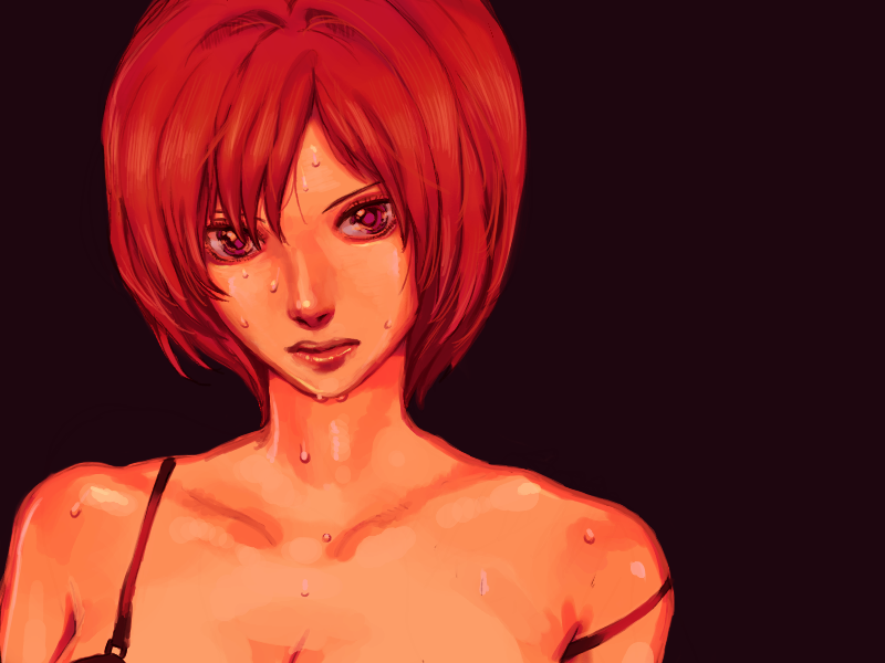 ataru, ataru (pinpon), meiko (vocaloid), vocaloid, 1girl, bra, brown eyes, brown hair, close-up, female focus, lingerie, lips, nose, simple background, solo, strap slip, sweat, underwear