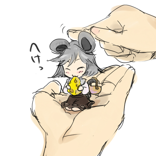 sape (saperon black), nazrin, touhou, 1girl, :3, animal ears, basket, black hair, blush stickers, cheese, chibi, closed eyes, eating, female focus, food, headpat, in palm, mini person, minigirl, mouse ears, parody, sketch, solo focus