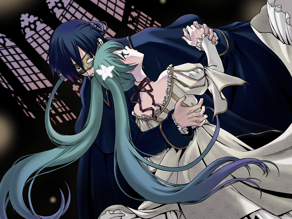 hatsune miku, kaito (vocaloid), cantarella (vocaloid), vocaloid, aqua eyes, aqua hair, blue eyes, blue hair, cape, dress, long hair, mask, short hair, twintails