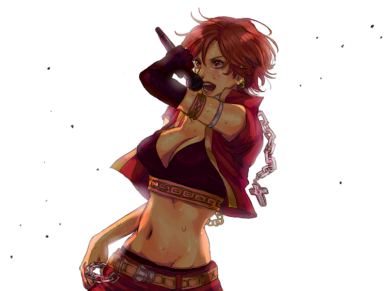 ataru, ataru (pinpon), meiko (vocaloid), vocaloid, 1girl, breasts, brown eyes, brown hair, chain, cleavage, female focus, gloves, large breasts, microphone, midriff, navel, short hair, simple background, single glove, solo, sweat, white background