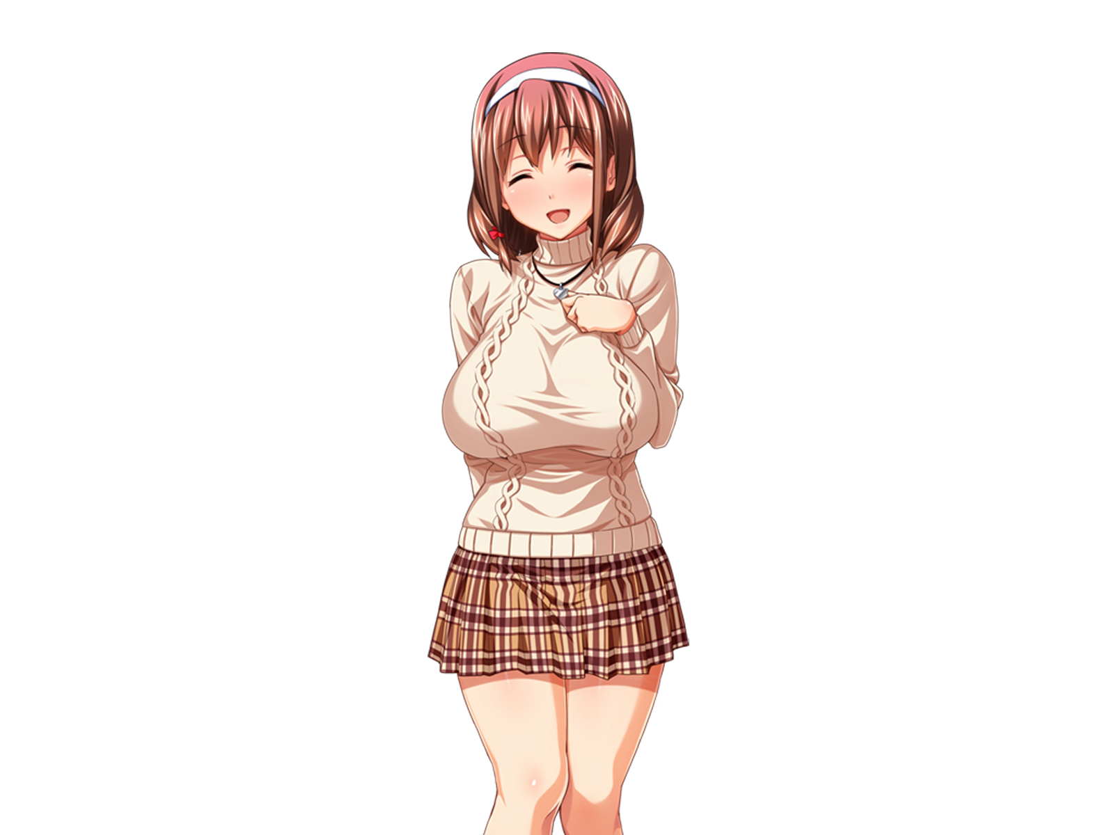 takeda hiromitsu, hinomoto koharu, kedamono-tachi no sumu ie de, 1girl, aran sweater, arm behind back, blush, breasts, brown skirt, cable knit, closed eyes, feet out of frame, hair between eyes, hairband, hand on own chest, happy, head tilt, impossible clothes, impossible sweater, jewelry, knees, knees together feet apart, large breasts, long sleeves, medium hair, miniskirt, necklace, open mouth, plaid clothes, plaid skirt, pleated skirt, raised eyebrows, sidelocks, simple background, skirt, smile, standing, sweater, thighs, transparent background, turtleneck, turtleneck sweater, white hairband