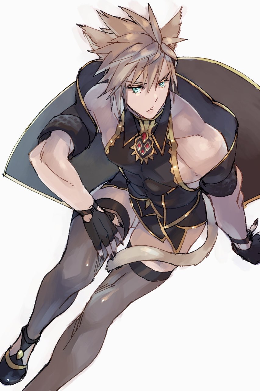 ryouto, cloud strife, final fantasy, final fantasy vii, final fantasy xiv, highres, 1boy, alternate species, animal ears, aqua eyes, arm support, bare shoulders, black cape, black gloves, black nails, black shoes, black shrug, black thighhighs, blonde hair, cape, cat boy, cat ears, cat tail, claws, crossdressing, crossdressing (mtf), fingerless gloves, foreshortening, from above, full body, gem, gloves, knee up, looking to the side, male focus, miqo'te, no pants, off shoulder, red gemstone, see-through clothes, see-through socks, serious, shoes, shrug (clothing), socks, tail, thighhighs, tight clothes, toned, toned male, white background, wing collar