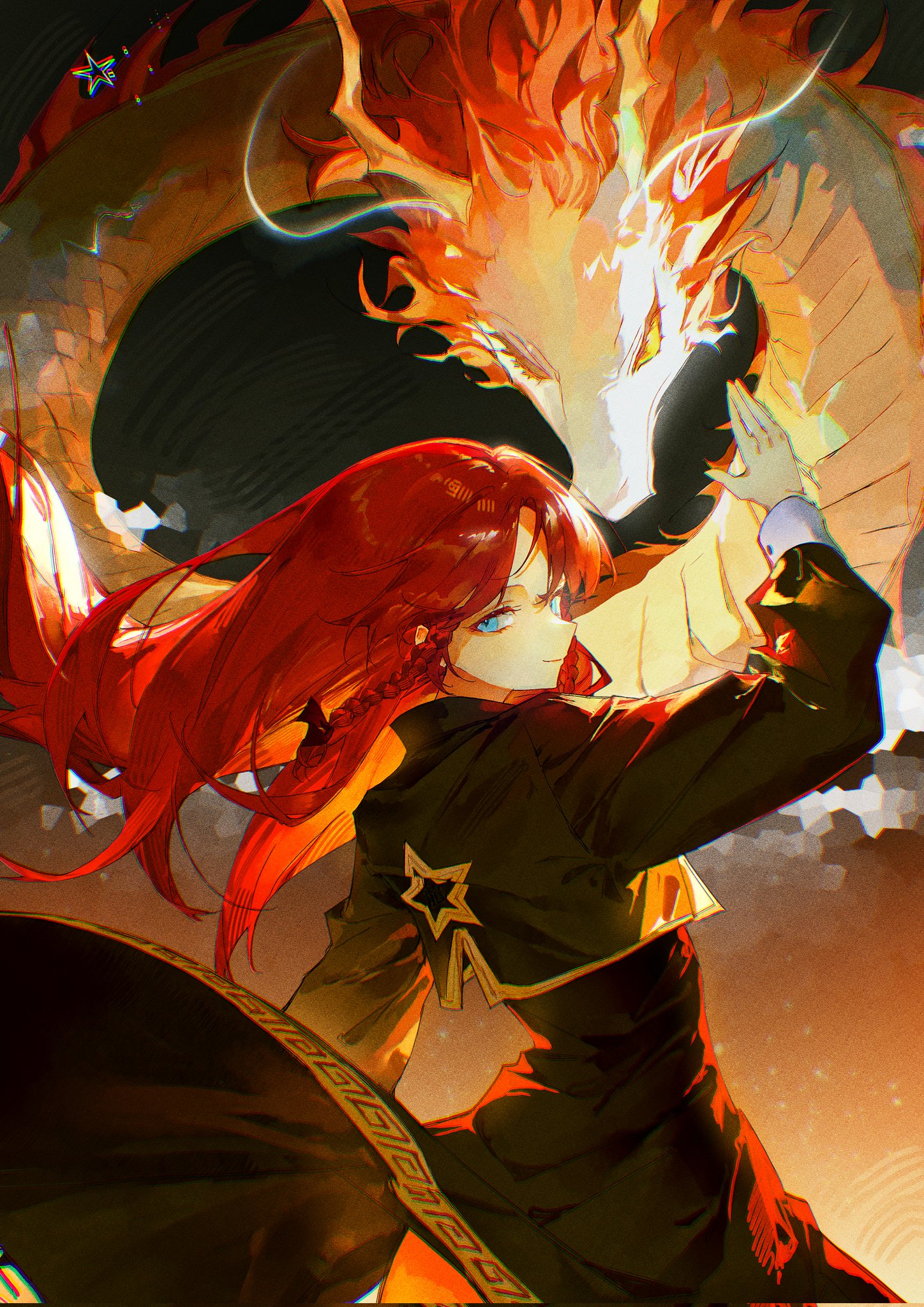 5swcf1iy8k31657, hong meiling, touhou, commentary, highres, 1girl, blue eyes, clothes lift, dragon, dress, eastern dragon, fighting stance, green dress, long hair, looking at viewer, looking back, red hair, skirt, skirt lift, solo, star (symbol), star print