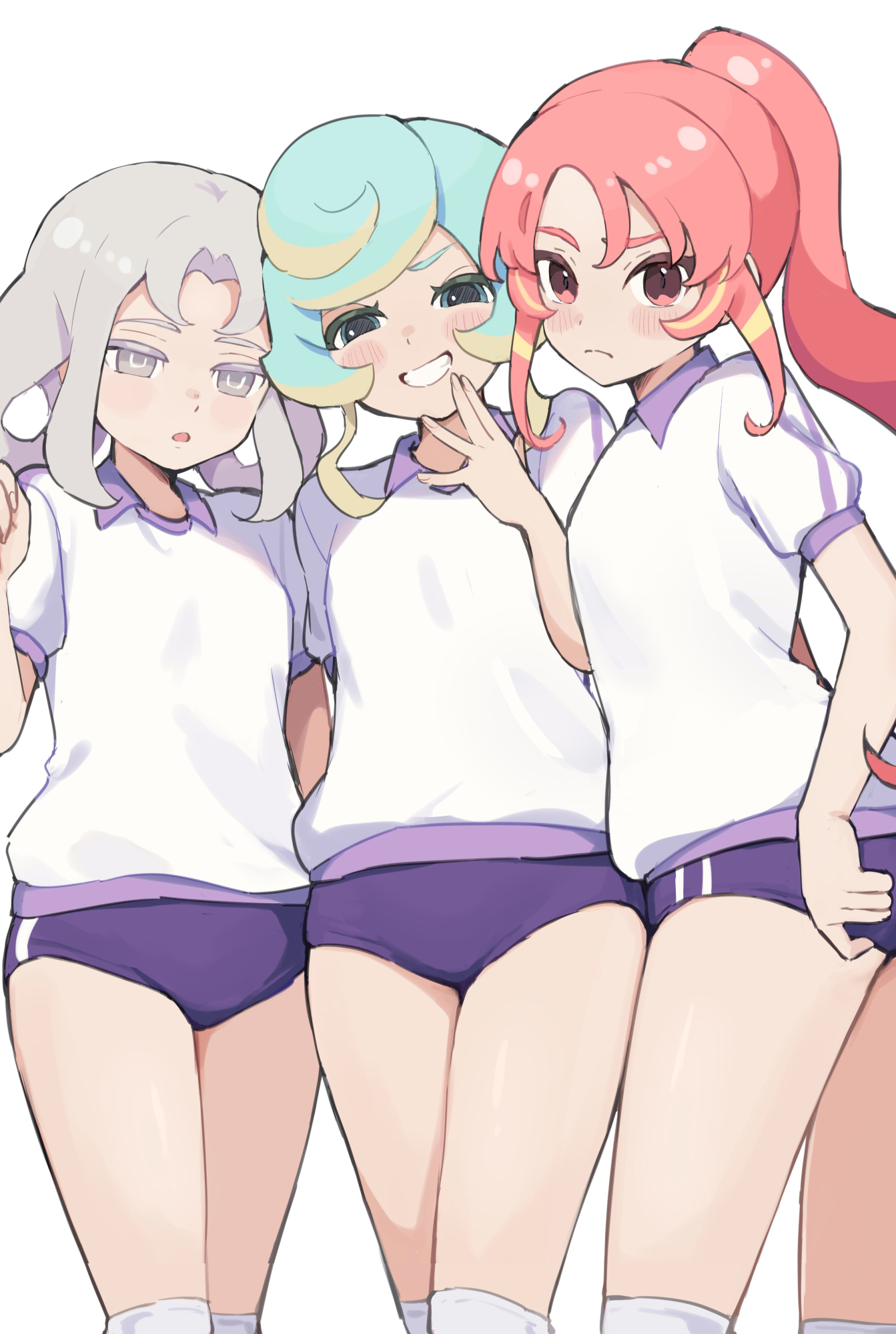 ura (hamburg oniku), akasode matsuri (inazuma eleven), hoshimura nao (inazuma eleven), shinohara raika, inazuma eleven (series), inazuma eleven victory road, highres, 3girls, aqua hair, blonde hair, blue buruma, blue eyes, buruma, clenched teeth, collared shirt, grey eyes, grey hair, long hair, looking at viewer, multicolored hair, multiple girls, open mouth, pink eyes, pink hair, ponytail, shirt, short hair, short sleeves, simple background, t-shirt, teeth, white background, white shirt