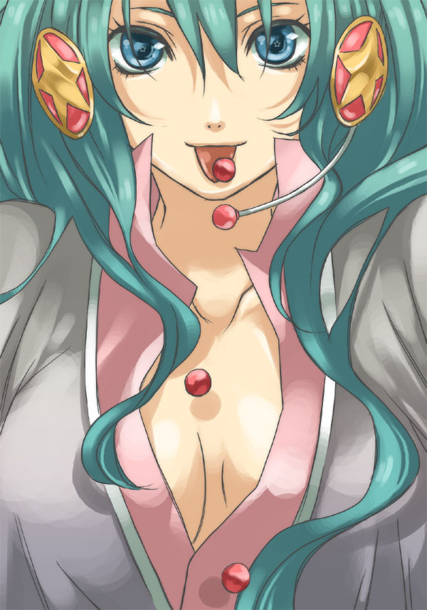 hatsune miku, peony, vocaloid, bad id, bad pixiv id, 1girl, :p, aqua eyes, aqua hair, breasts, candy, cleavage, close-up, female focus, food, headphones, headset, long hair, medium breasts, smile, solo, tongue, tongue out, twintails