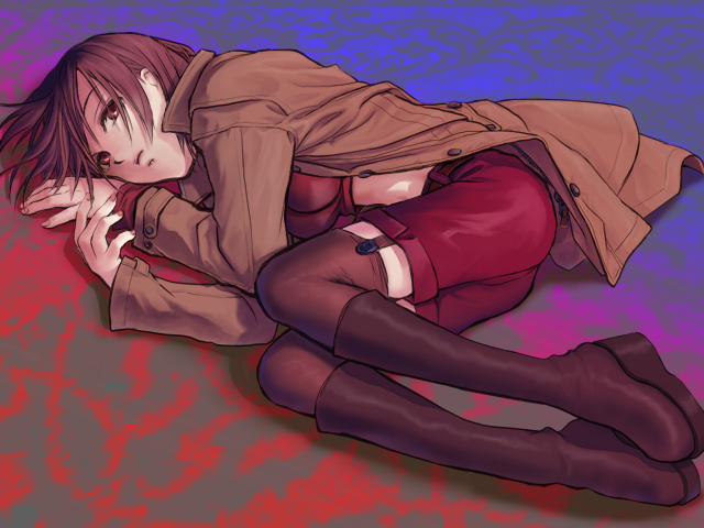 halnoske, harunosuke, meiko (vocaloid), vocaloid, 1girl, boots, brown eyes, brown hair, female focus, jacket, lying, midriff, on side, short hair, shorts, solo, thighhighs