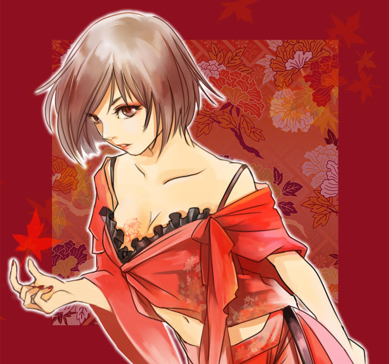 momopanda, meiko (vocaloid), vocaloid, 1girl, bra, breasts, brown eyes, brown hair, cleavage, female focus, leaf, midriff, off shoulder, short hair, solo, tattoo, underwear