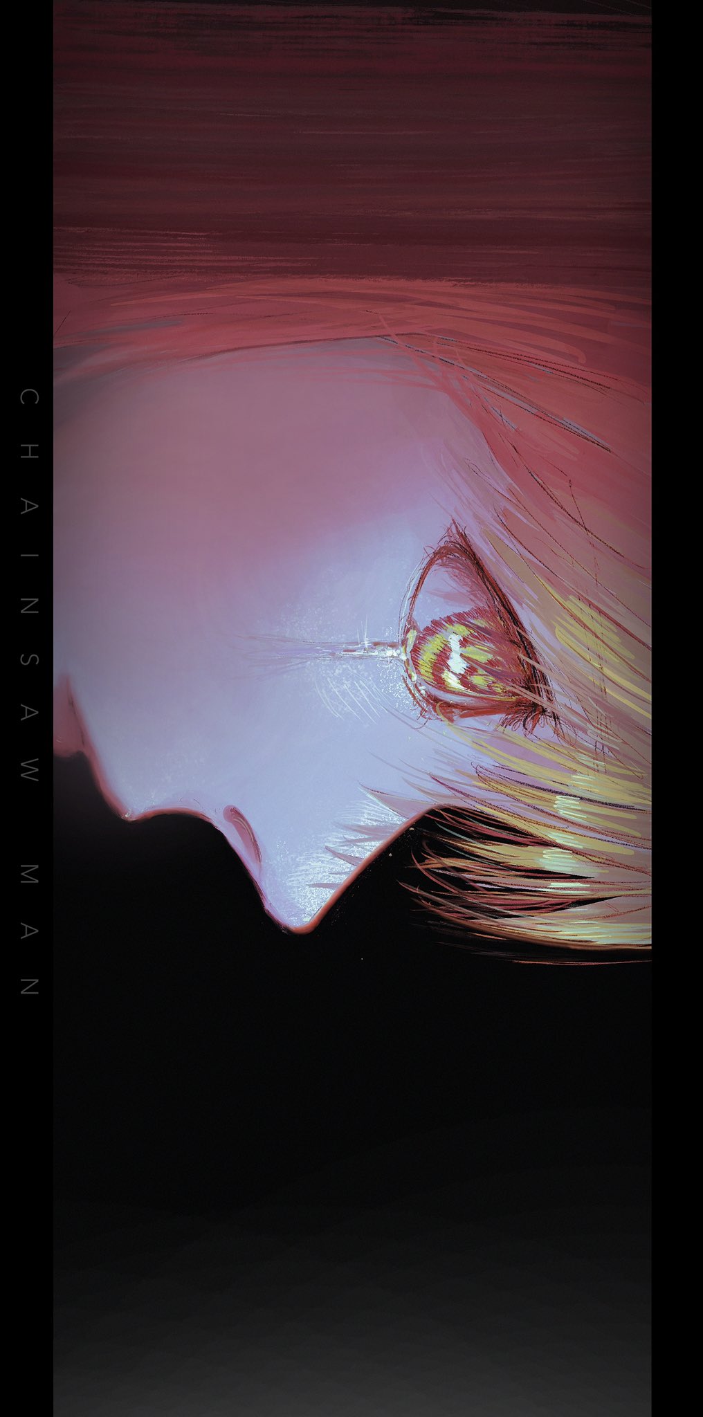 240 ron, makima (chainsaw man), chainsaw man, commentary, english commentary, highres, 1girl, close-up, closed mouth, copyright name, from side, hair between eyes, looking ahead, orange hair, pillarboxed, shadow, sideways, solo, tears, yellow eyes