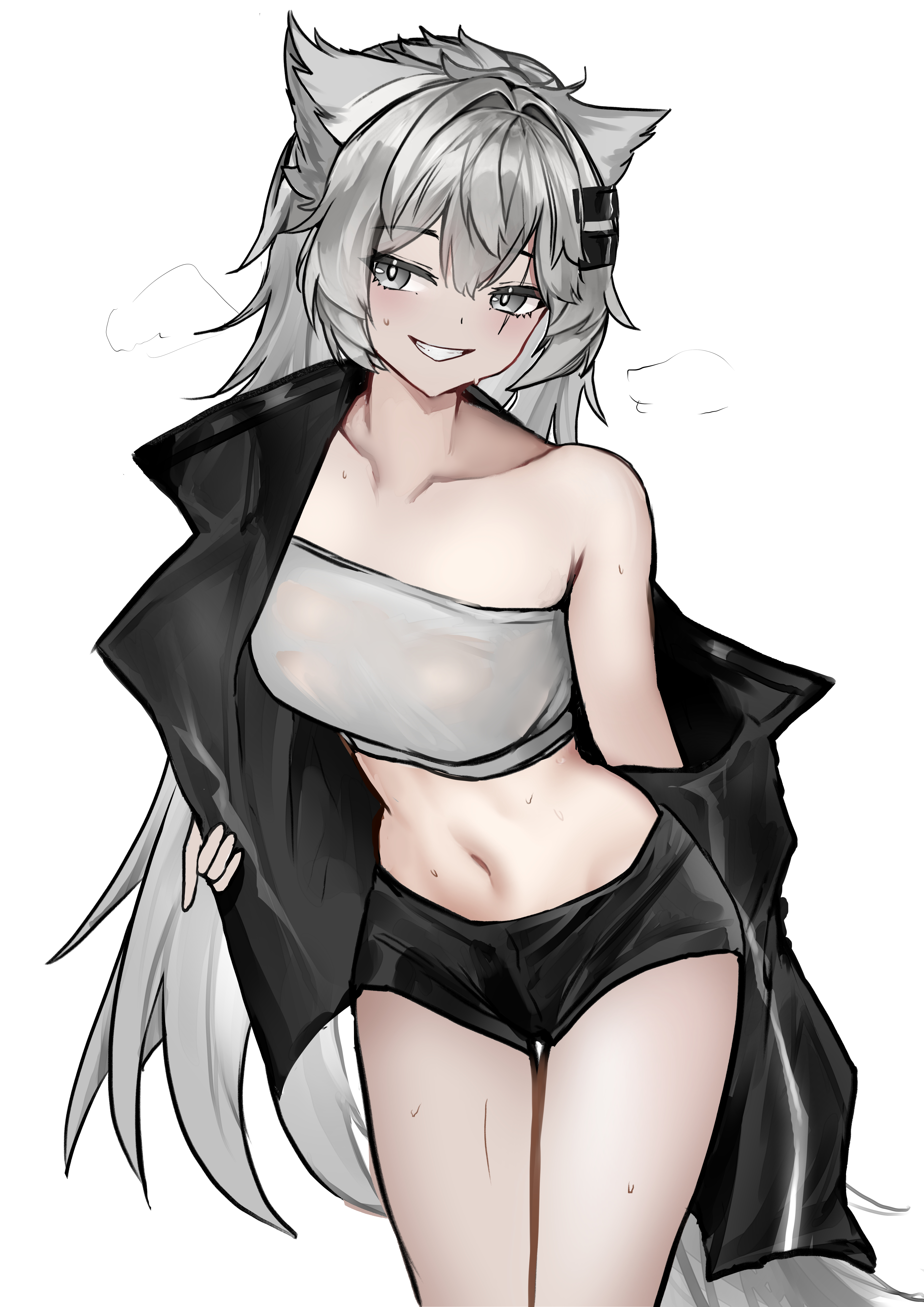 wawamachi, lappland (arknights), arknights, absurdres, commentary, highres, 1girl, animal ears, black jacket, black shorts, breasts, collarbone, grey eyes, hair ornament, hairclip, jacket, long hair, medium breasts, midriff, parallel hairclips, scar, scar across eye, scar on face, shorts, simple background, solo, sweat, tail, white background, wolf ears, wolf girl, wolf tail