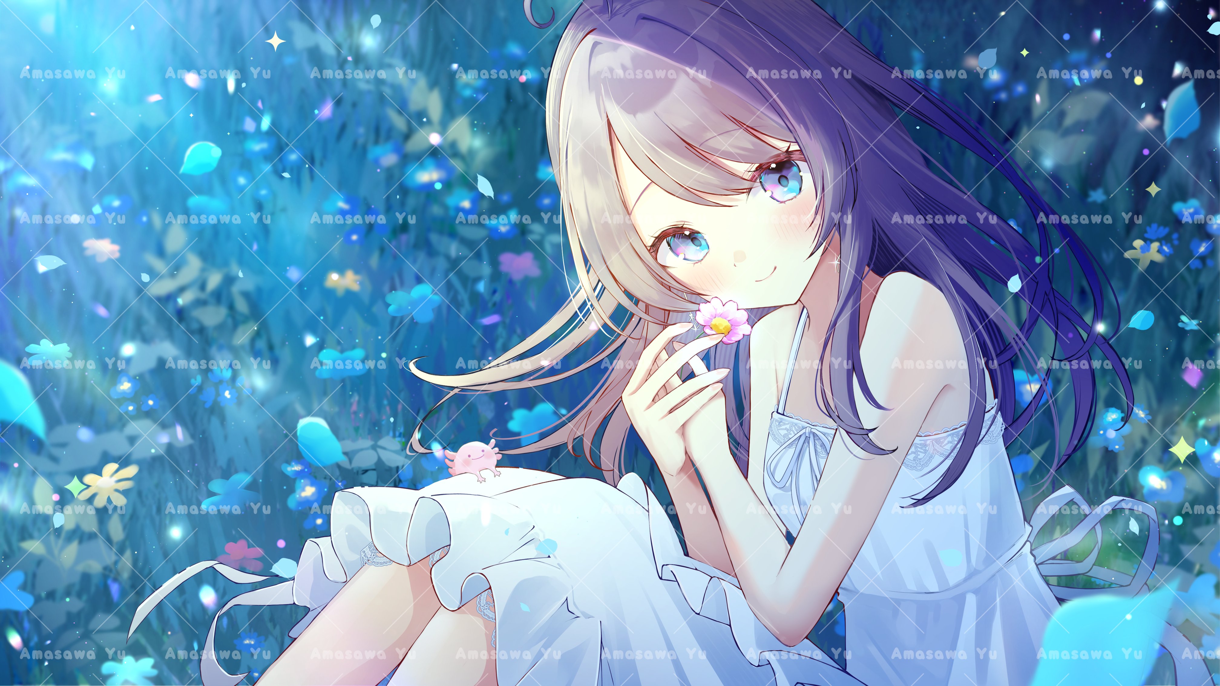 irono1910, indie virtual youtuber, absurdres, highres, second-party source, 1girl, ahoge, amasawa yu, blue eyes, blurry, blurry background, breasts, brown hair, character name, closed mouth, dot nose, dress, feet out of frame, grass, hands up, happy, knees up, long hair, looking at viewer, medium dress, off-shoulder dress, off shoulder, own hands together, ribbon, side part, sitting, small breasts, solo, virtual youtuber, watermark, watermark grid, white dress, white ribbon