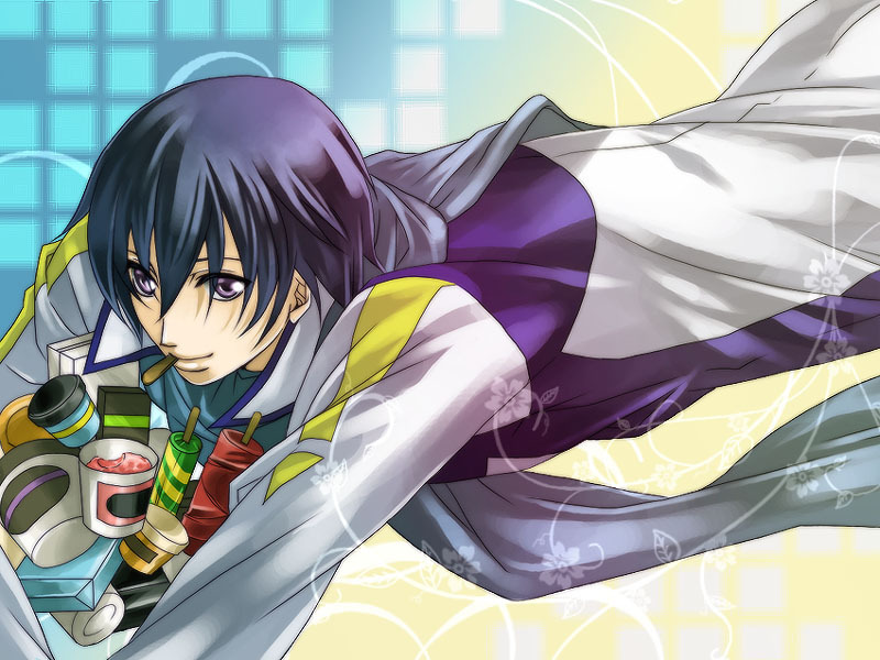 kaito (vocaloid), peony, vocaloid, 1boy, blue eyes, blue hair, food, ice cream, lying, male focus, matching hair/eyes, on stomach, popsicle, scarf, short hair, smile, solo