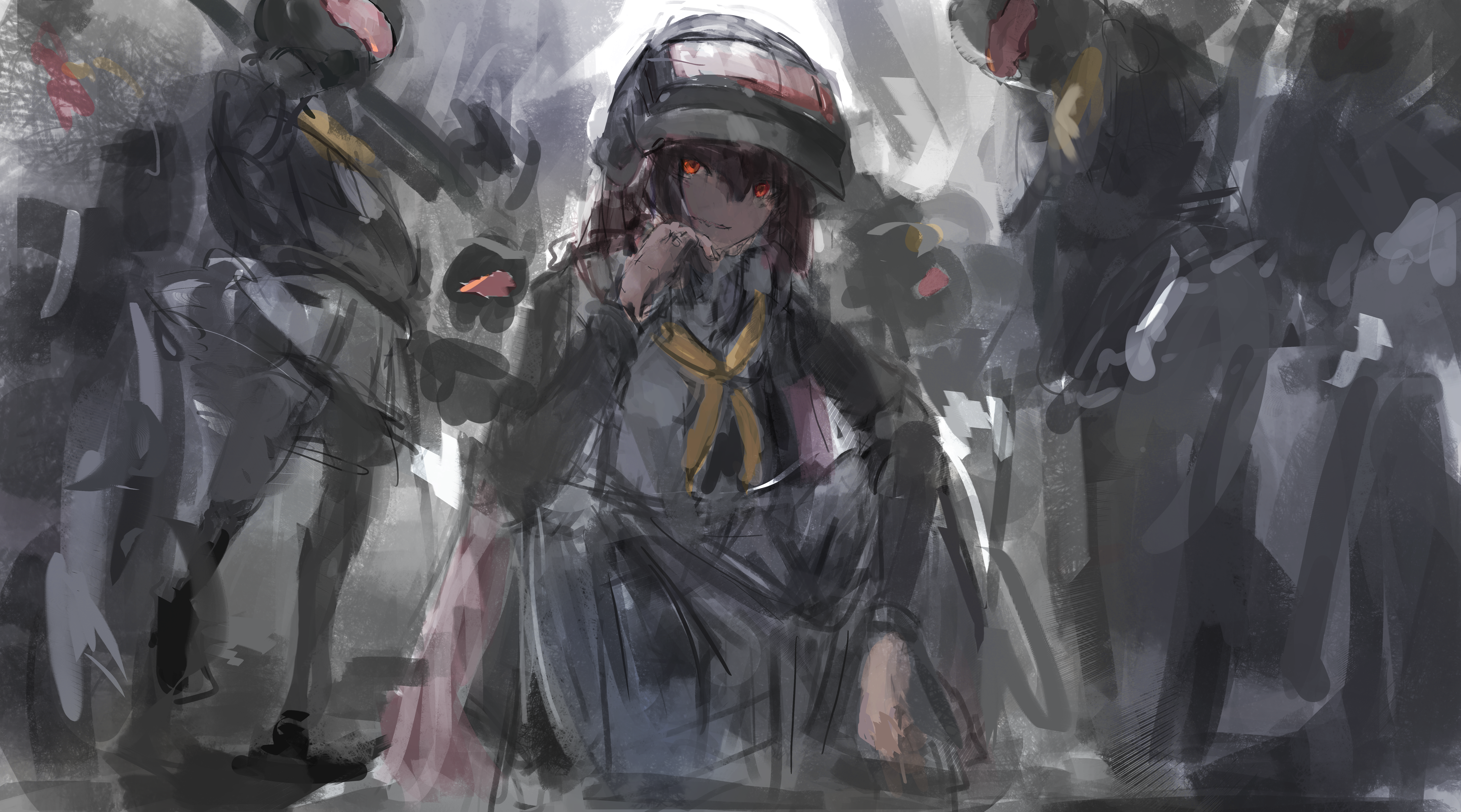 helmet gangster (blue archive), rabu (blue archive), blue archive, absurdres, commentary request, highres, black helmet, from below, helmet, hira15623, long hair, long sleeves, looking at viewer, motorcycle helmet, multiple girls, red eyes, red hair, school uniform, serafuku, shirt, skirt, slav squatting, solo focus, squatting, surrounded