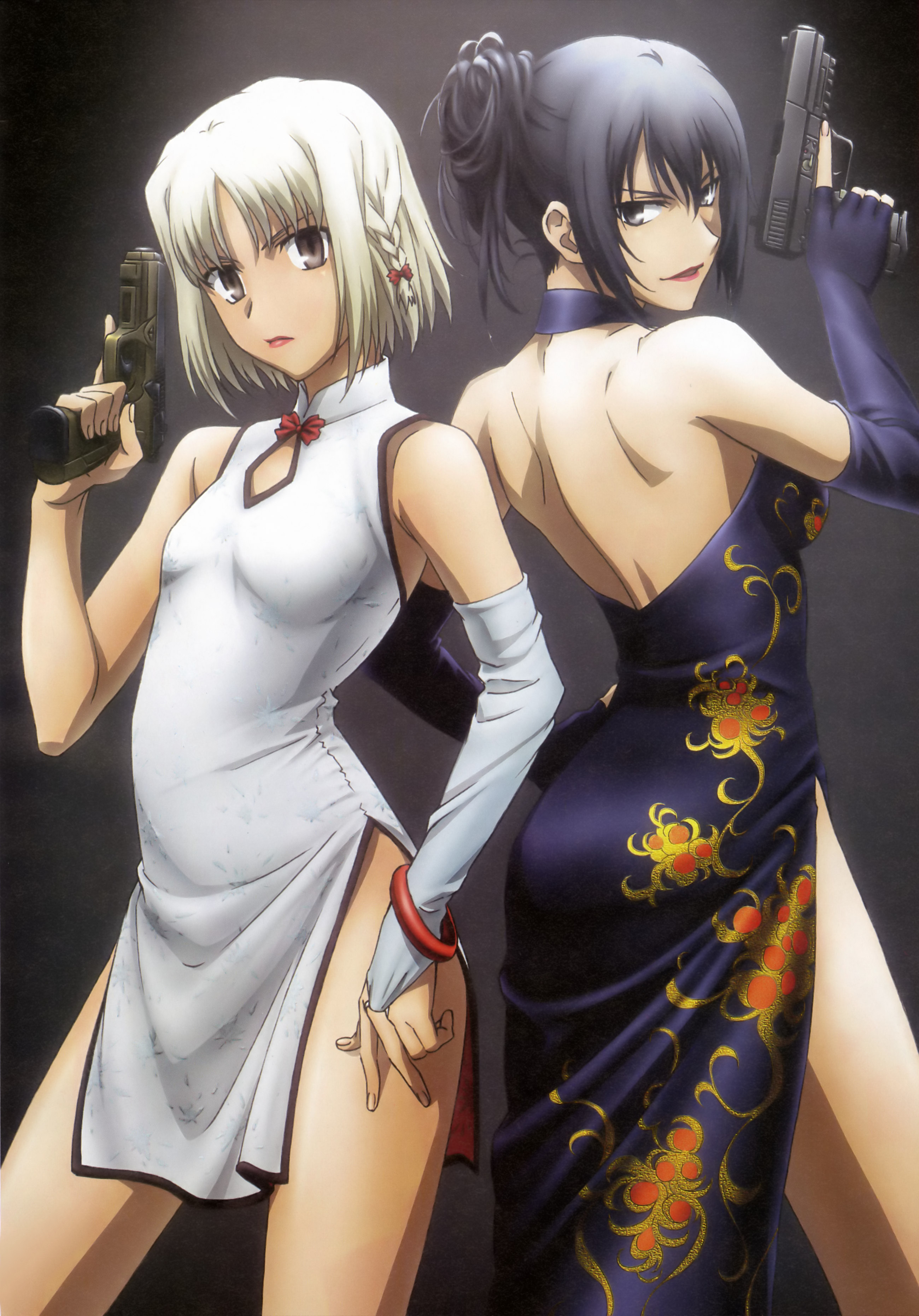 alphard (canaan), canaan (character), 428, 428: fuusa sareta shibuya de, canaan (series), chunsoft, absurdres, highres, 2girls, backless outfit, black hair, braid, china dress, chinese clothes, dress, from behind, gun, handgun, lipstick, looking at viewer, looking back, makeup, multiple girls, pistol, short hair, single braid, trigger discipline, weapon, white hair