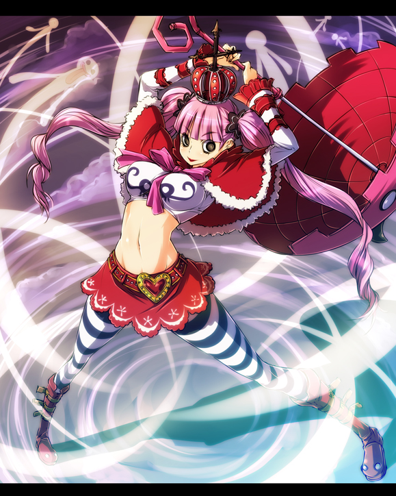 nekomamire, perona, one piece, red footwear, 1girl, belt, belt buckle, boots, bow, buckle, capelet, crown, devil fruit, female focus, fighting stance, full body, ghost, letterboxed, navel, pantyhose, pink hair, red crown, red skirt, shoes, skirt, solo, striped clothes, striped pantyhose, twintails, umbrella