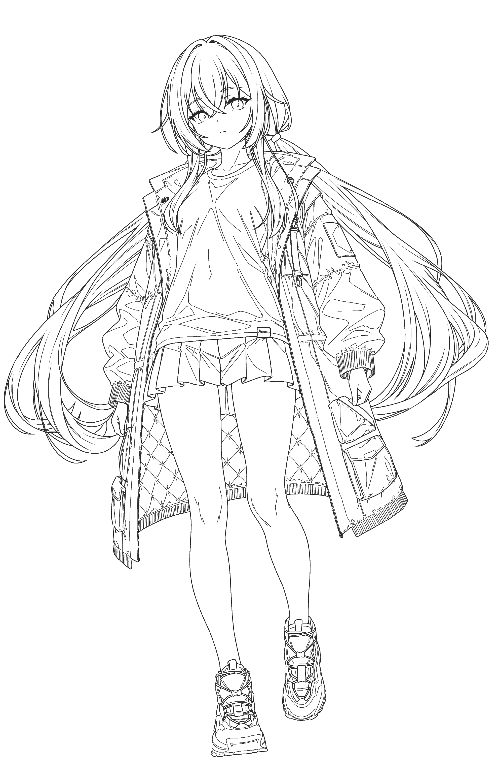 arazand, original, absurdres, highres, 1girl, artist logo, breasts, collarbone, double-parted bangs, expressionless, full body, hair between eyes, head tilt, jacket, lineart, logo, long hair, long sleeves, medium breasts, monochrome, open clothes, open jacket, pantyhose, pleated skirt, puffy long sleeves, puffy sleeves, shadow, shirt, shoes, sidelocks, simple background, skirt, sneakers, solo, standing, standing on one leg, white background