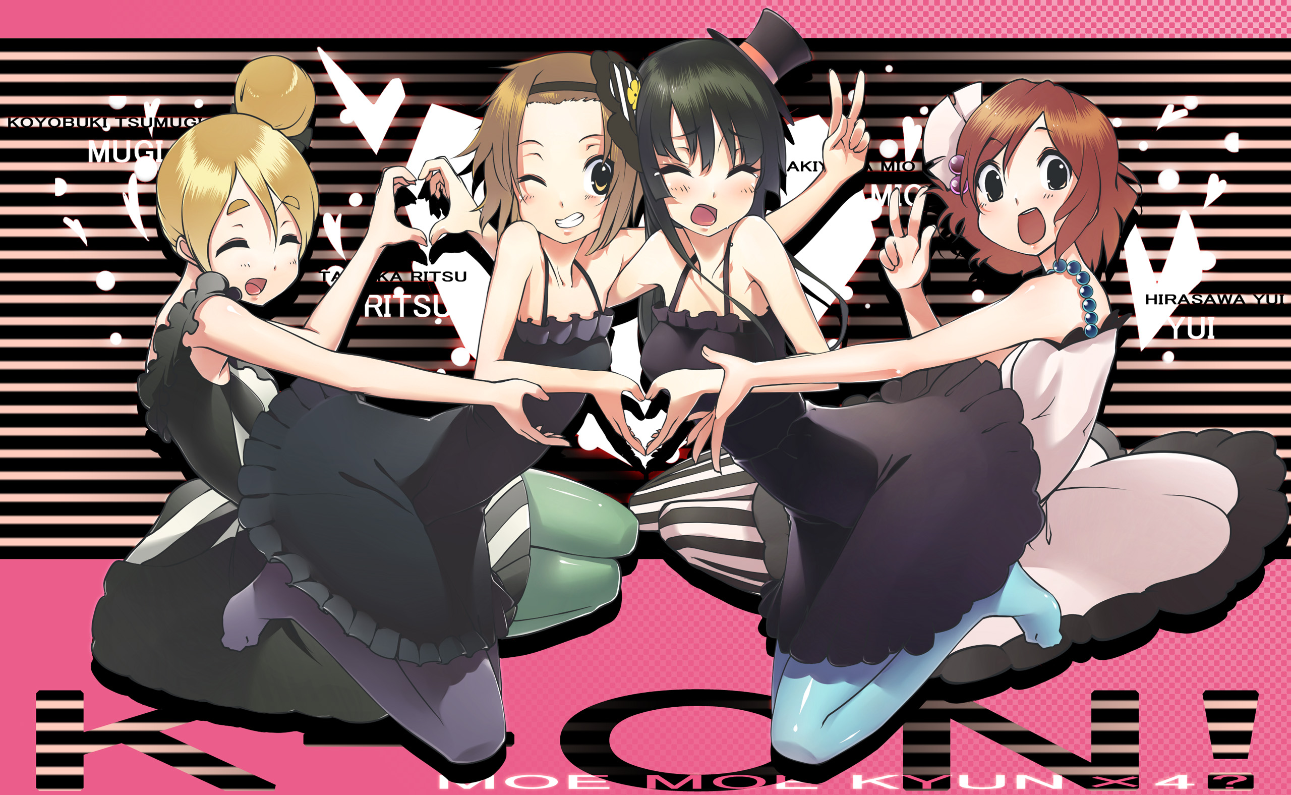 yukari (konekonekozou), akiyama mio, hirasawa yui, kotobuki tsumugi, tainaka ritsu, don't say "lazy", k-on!, blue legwear, striped legwear, vertical-striped legwear, highres, 00s, 4girls, aqua pantyhose, blonde hair, blush, brown hair, dress, green pantyhose, happy, hat, heart, heart hands duo, heart hands duo chain, ho-kago tea time, long hair, moe moe kyun!, multiple girls, one eye closed, pantyhose, short hair, striped clothes, striped pantyhose, tears, top hat, v, vertical-striped clothes, vertical-striped pantyhose, wink
