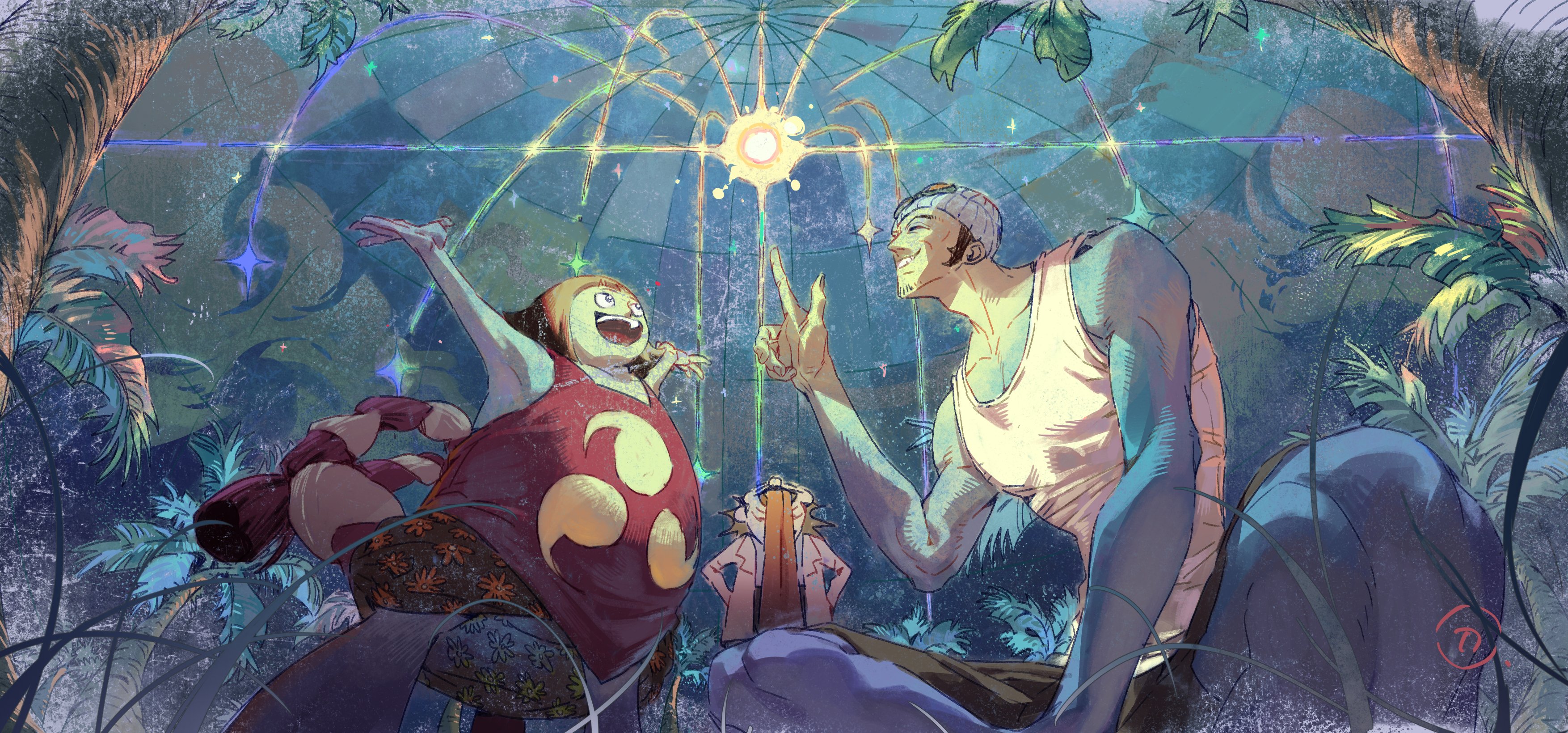 siyangou49, dr. vegapunk, kizaru (one piece), sentoumaru, one piece, absurdres, highres, 3boys, aged down, arms up, black hair, hands on own hips, hat, looking up, male focus, multiple boys, rope, shimenawa, sideburns, sparkle, tank top, tongue, tongue out