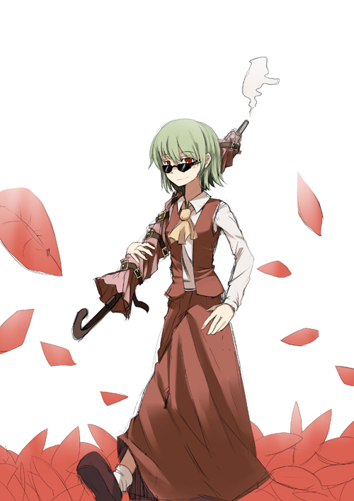 mieharu, kazami yuuka, touhou, 1girl, ascot, closed umbrella, female focus, flower, green hair, parasol, petals, red eyes, short hair, skirt, skirt set, smile, smoke, solo, sunglasses, umbrella, umbrella gun, vest, walking, white background